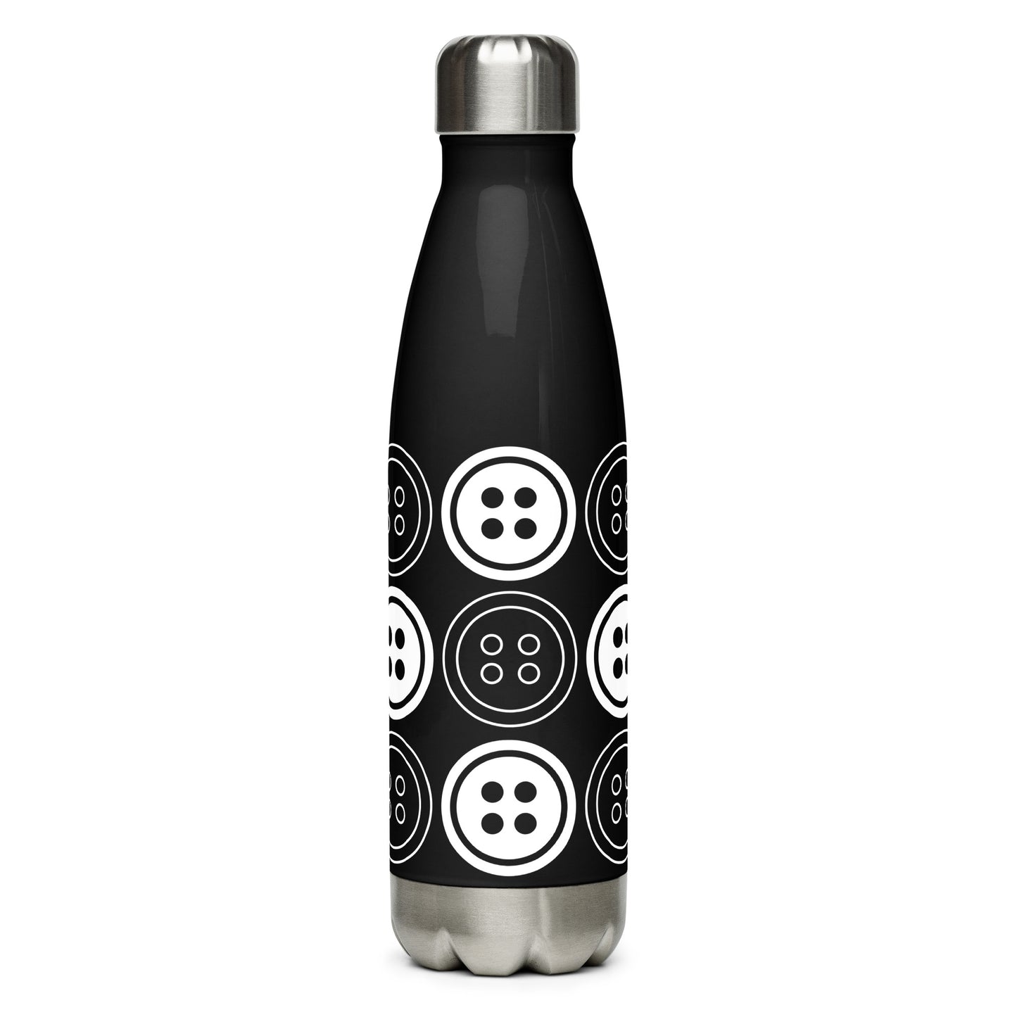 Black Stainless Steel Water Bottle with "Bold Buttons" design - the perfect gift for people who love to sew