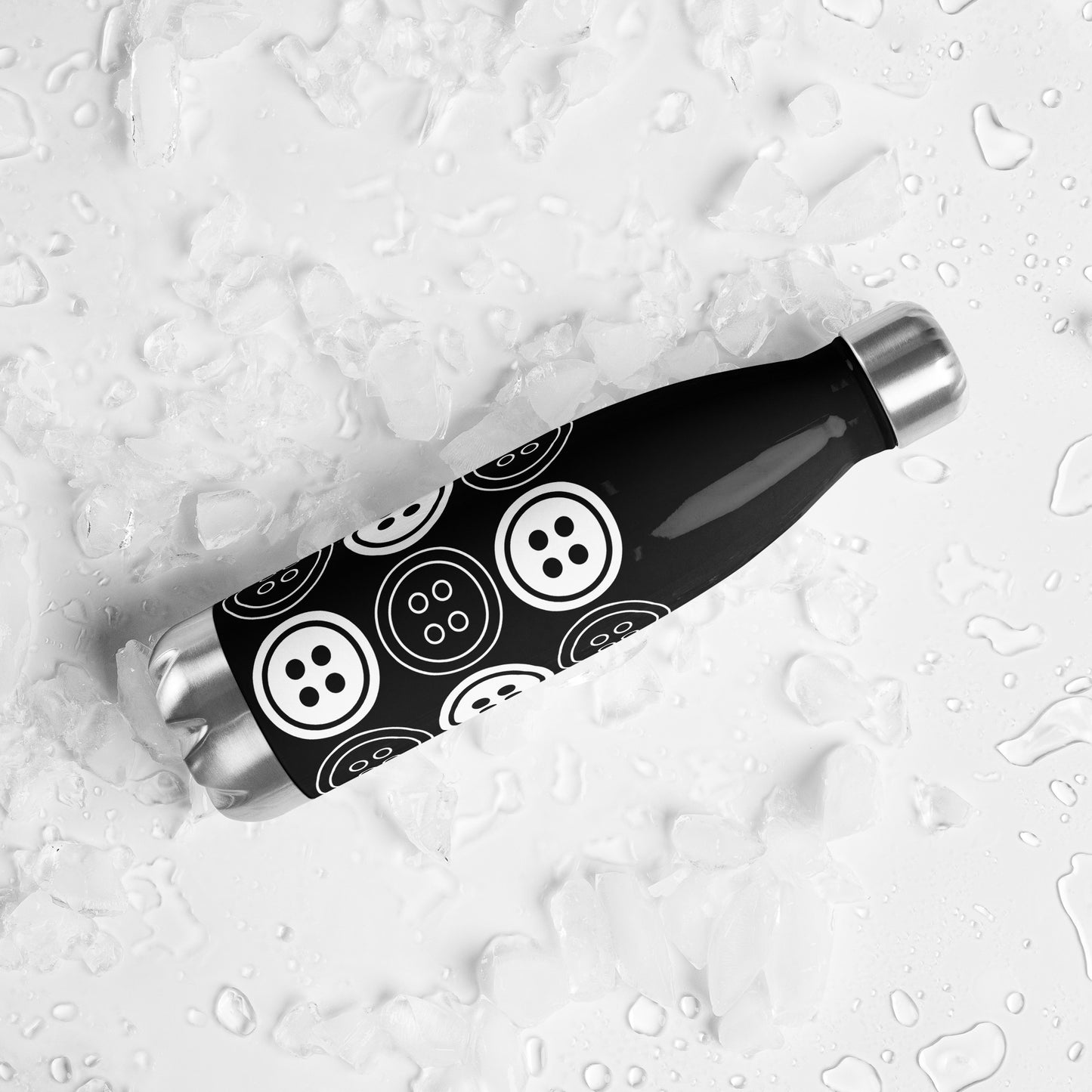 Black Stainless Steel Water Bottle with "Bold Buttons" design - the perfect gift for people who love to sew