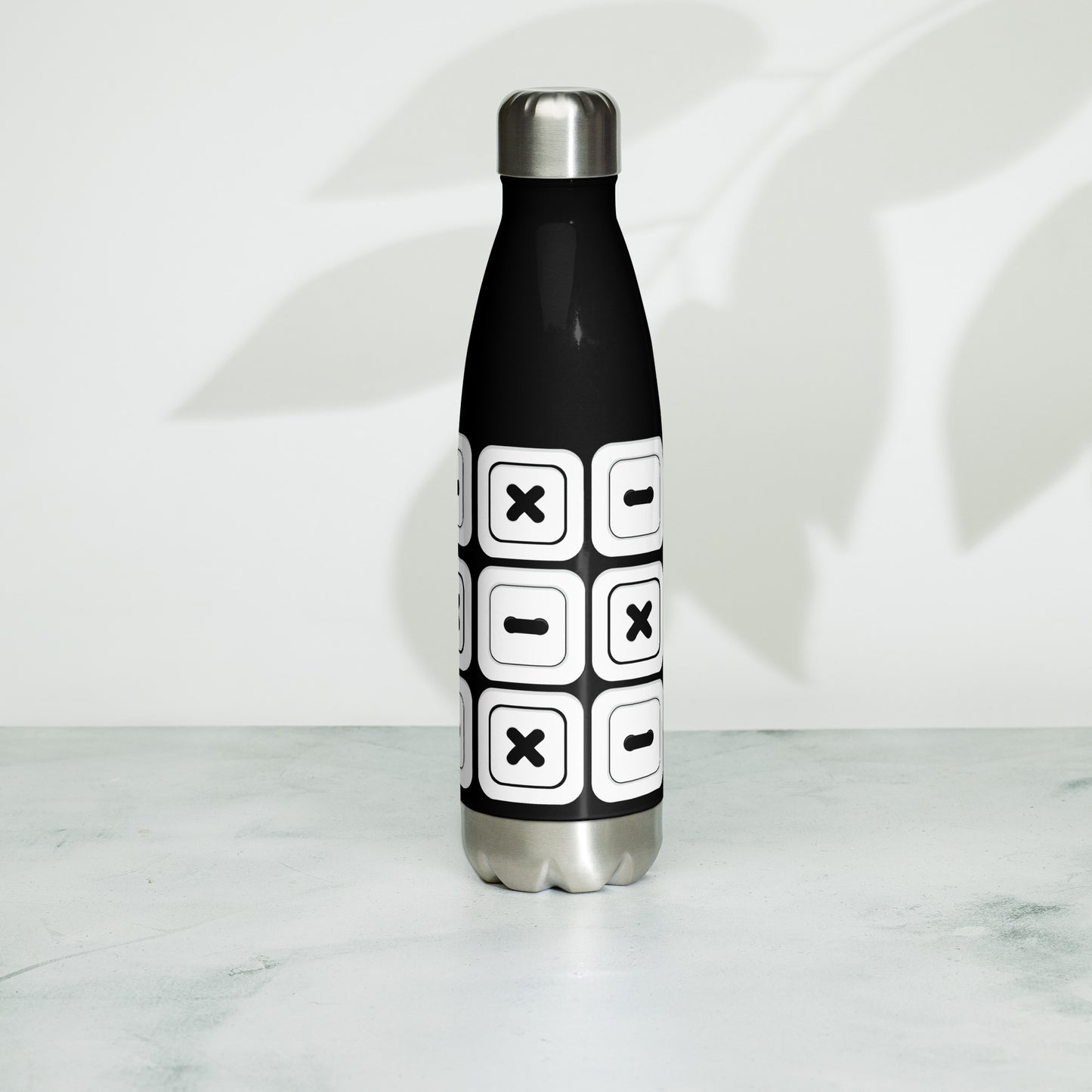 Black Stainless Steel Water Bottle with "Square Buttons" design - the perfect gift for people who love to sew