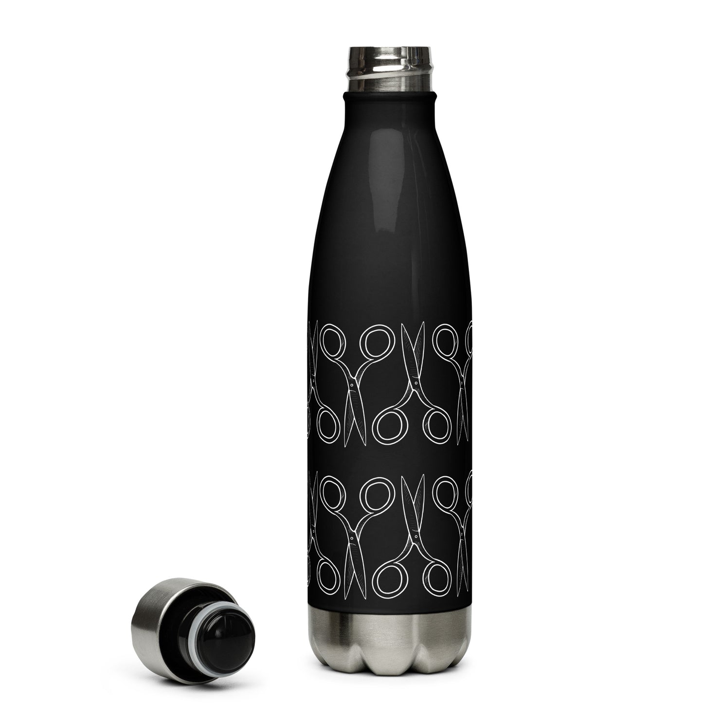 Black Stainless Steel Water Bottle with "Geometric Scissor" design - the perfect gift for people who love to sew