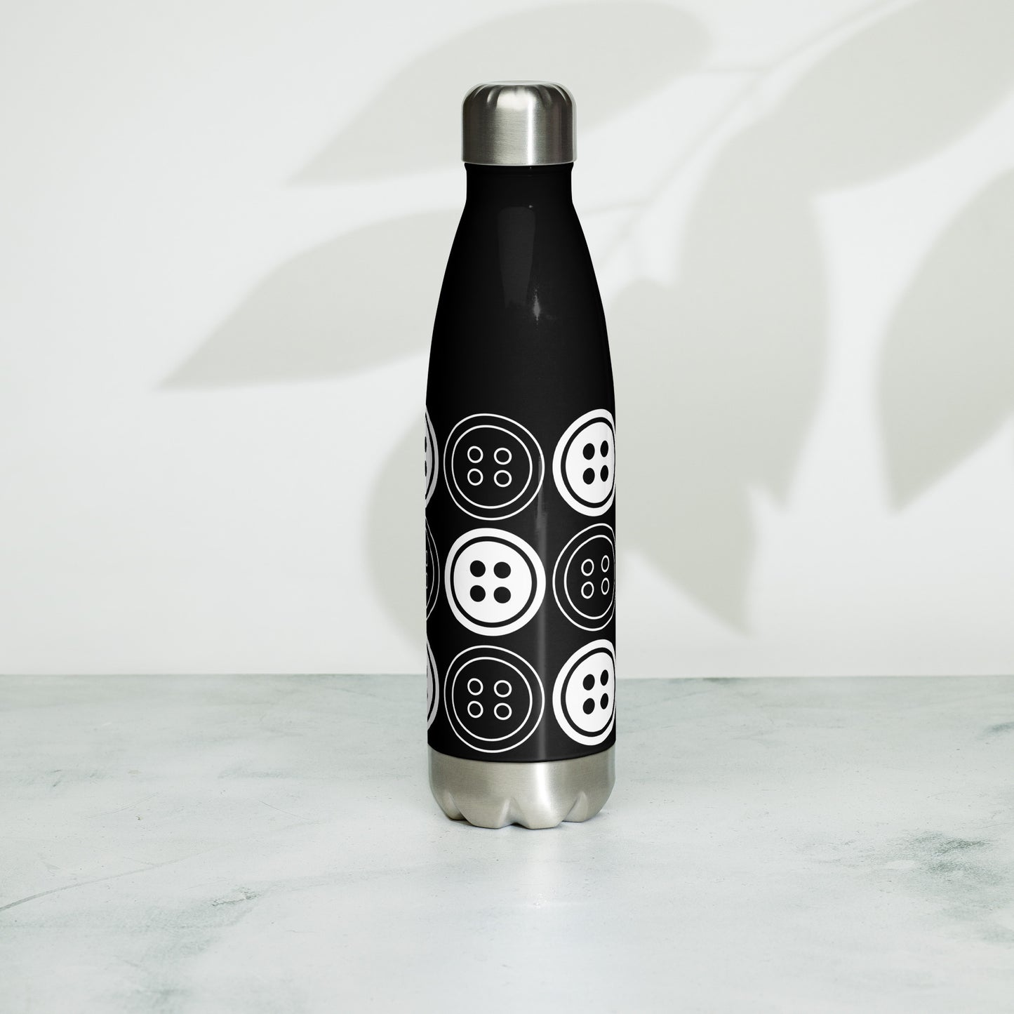 Black Stainless Steel Water Bottle with "Bold Buttons" design - the perfect gift for people who love to sew