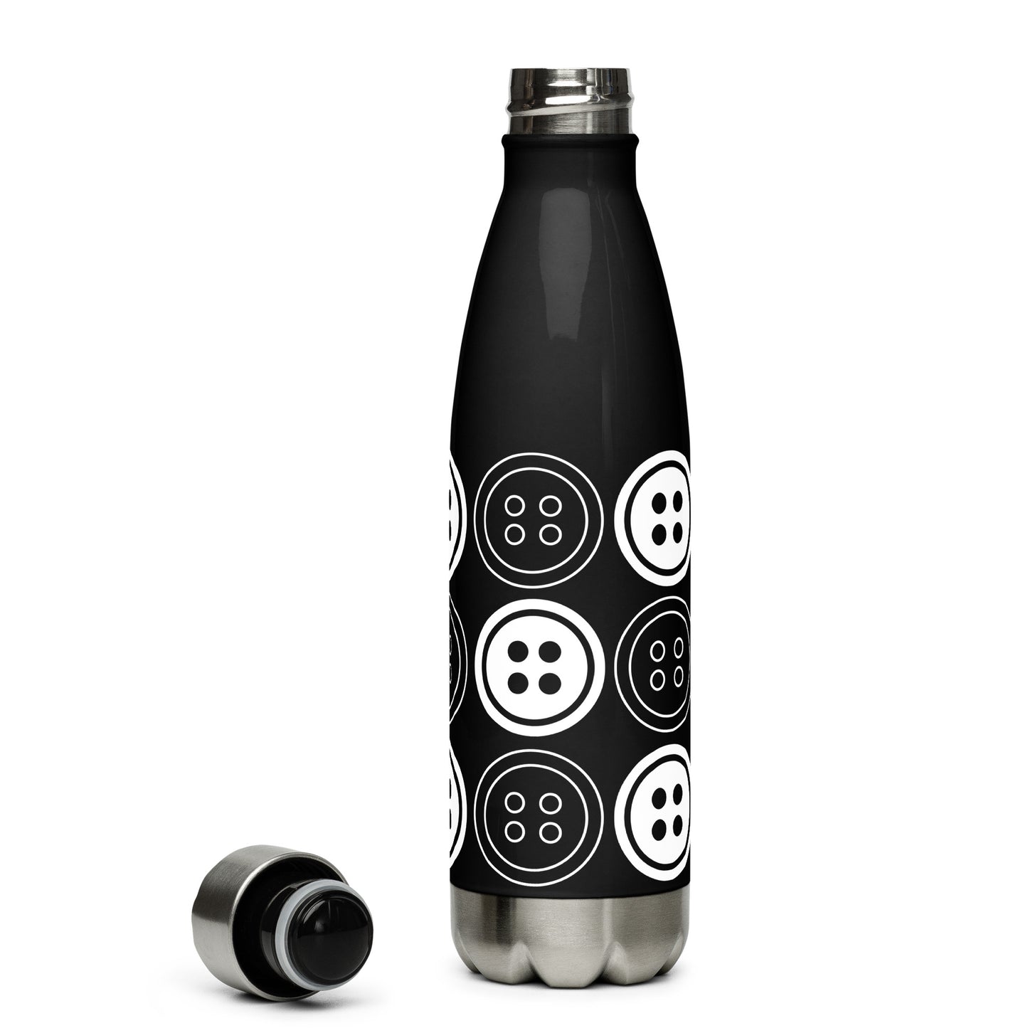 Black Stainless Steel Water Bottle with "Bold Buttons" design - the perfect gift for people who love to sew