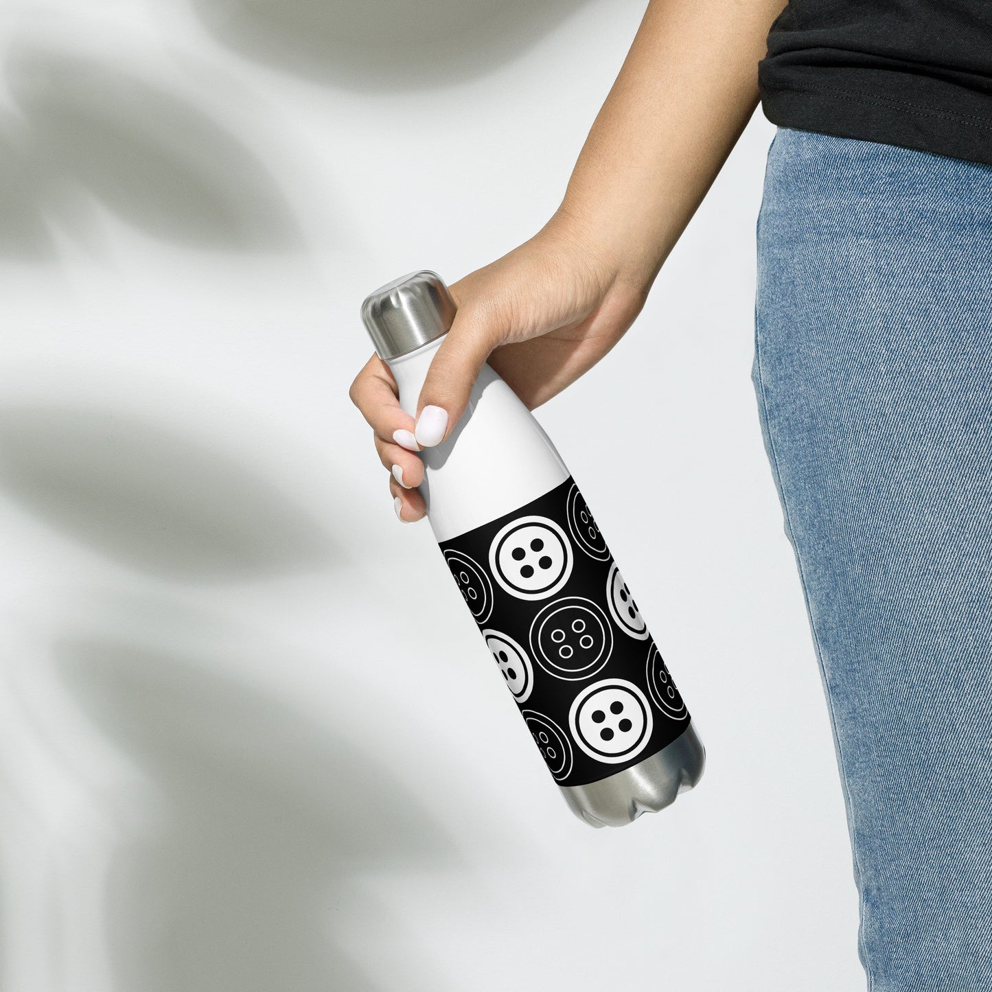 Black Stainless Steel Water Bottle with "Bold Buttons" design - the perfect gift for people who love to sew