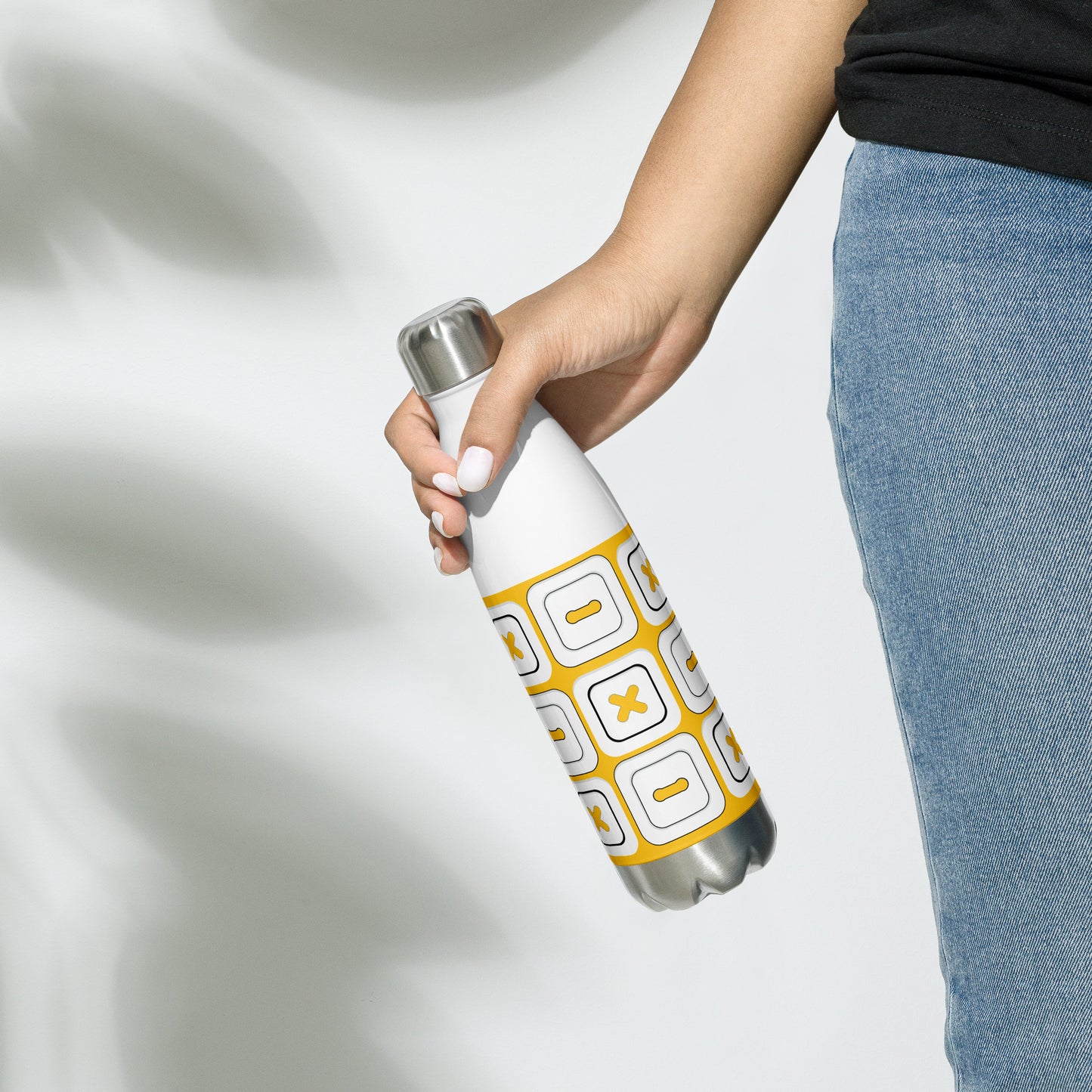 Yellow Stainless Steel Water Bottle with "Square Buttons" design - the perfect gift for people who love to sew