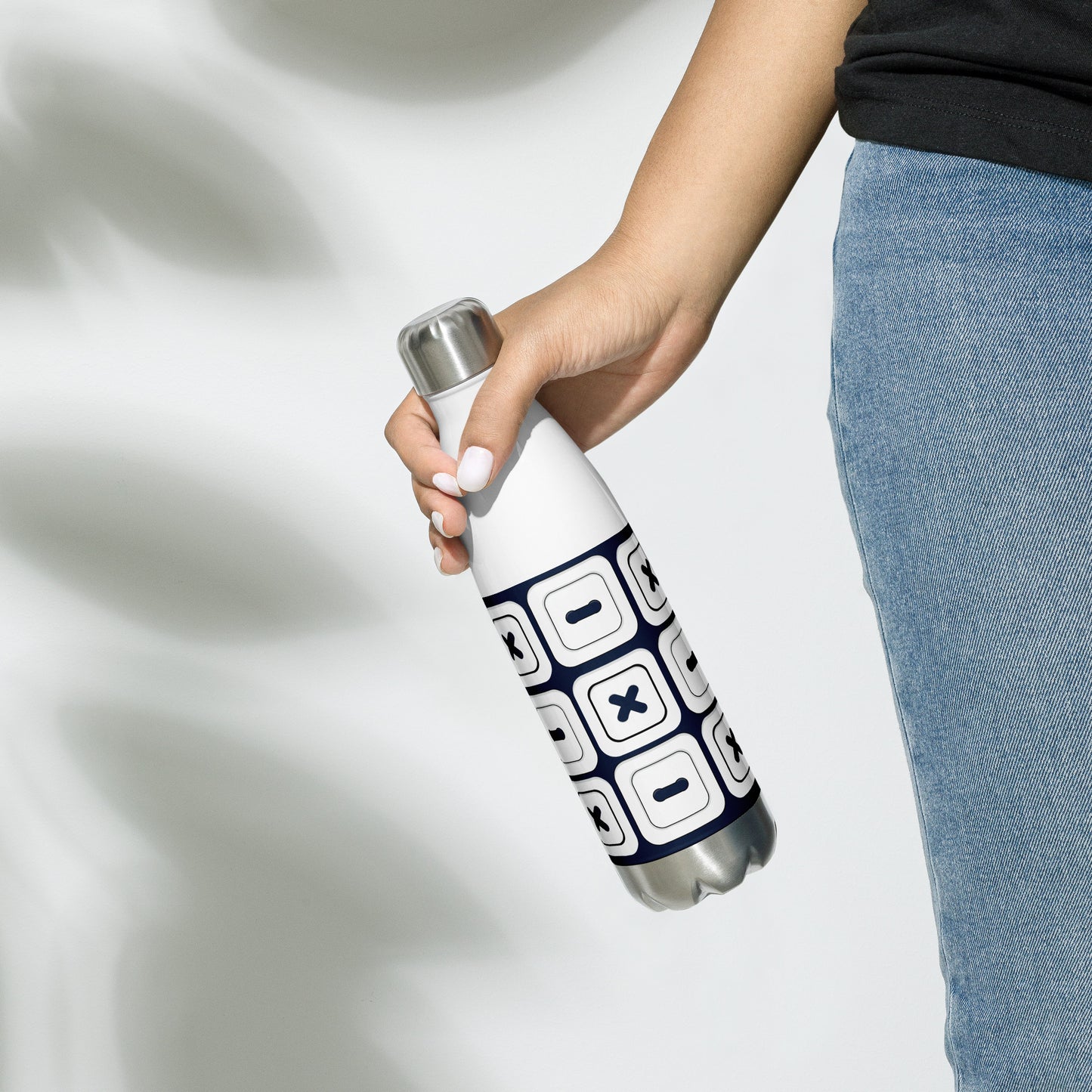 Navy Stainless Steel Water Bottle with "Square Buttons" design - the perfect gift for people who love to sew