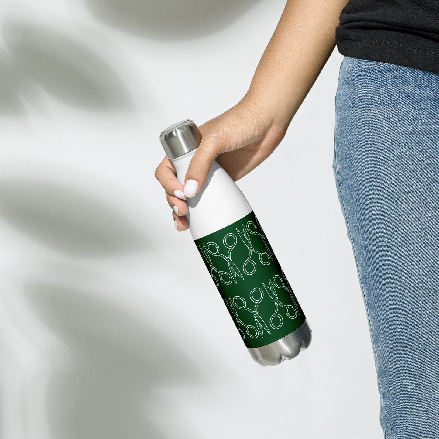 Forest Green Stainless Steel Water Bottle with "Geometric Scissor" design - the perfect gift for people who love to sew