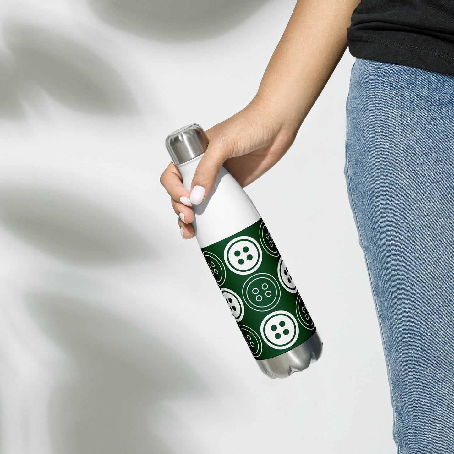 Forest Green Stainless Steel Water Bottle with "Bold Buttons" design - the perfect gift for people who love to sew