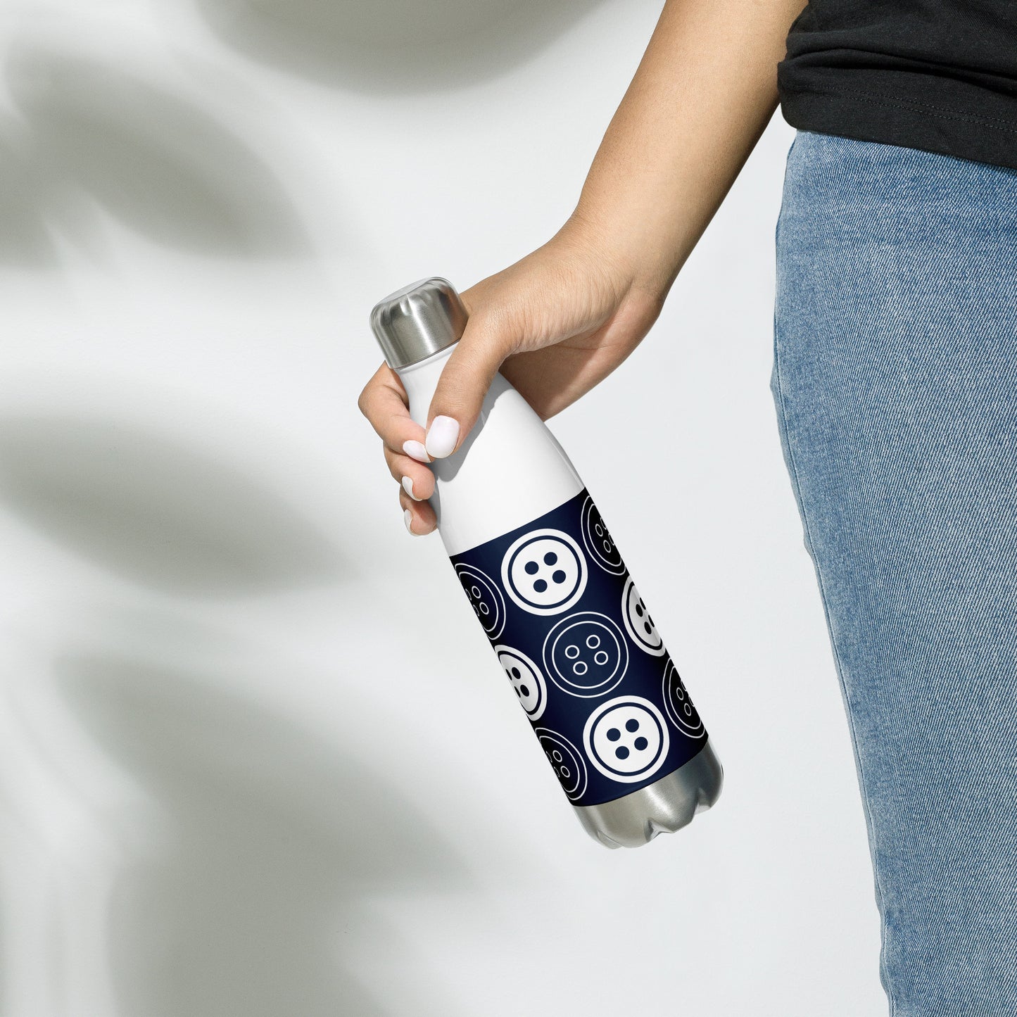Navy Stainless Steel Water Bottle with "Bold Buttons" design - the perfect gift for people who love to sew