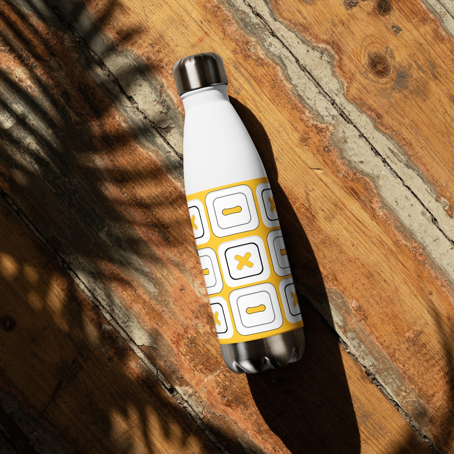 Yellow Stainless Steel Water Bottle with "Square Buttons" design - the perfect gift for people who love to sew