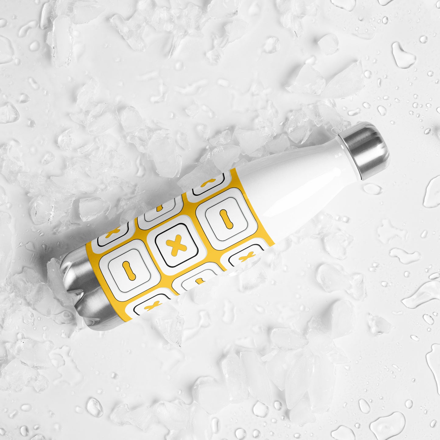 Yellow Stainless Steel Water Bottle with "Square Buttons" design - the perfect gift for people who love to sew
