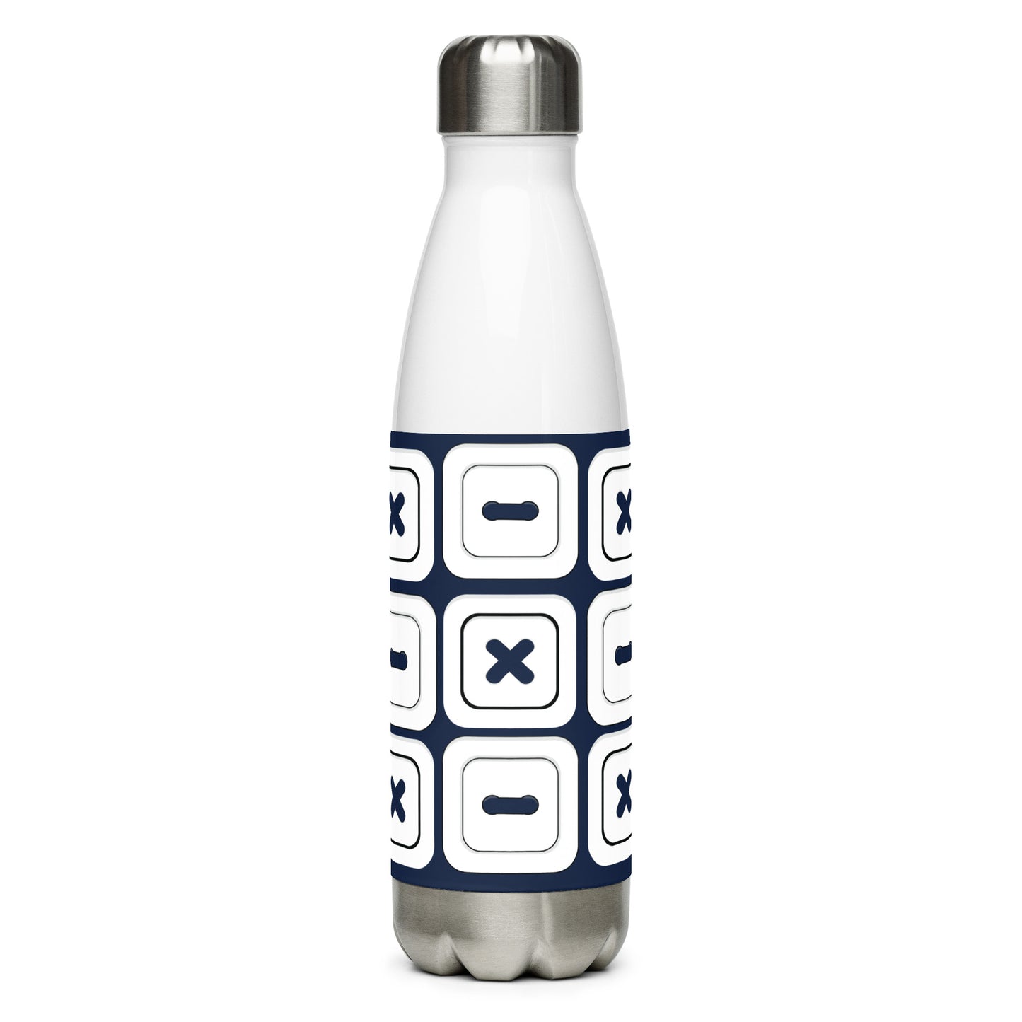 Navy Stainless Steel Water Bottle with "Square Buttons" design - the perfect gift for people who love to sew