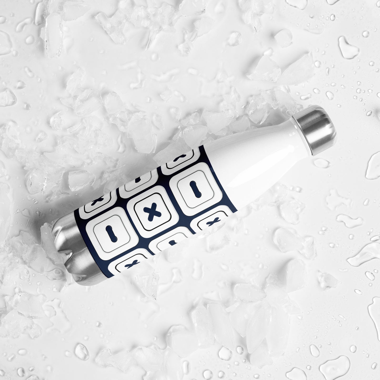 Navy Stainless Steel Water Bottle with "Square Buttons" design - the perfect gift for people who love to sew