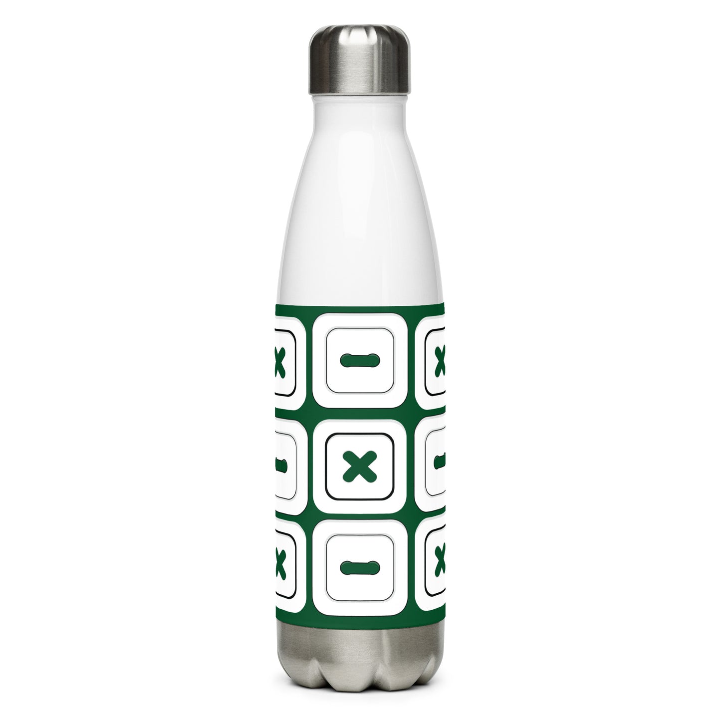 Forest Green Stainless Steel Water Bottle with "Square Buttons" design - the perfect gift for people who love to sew