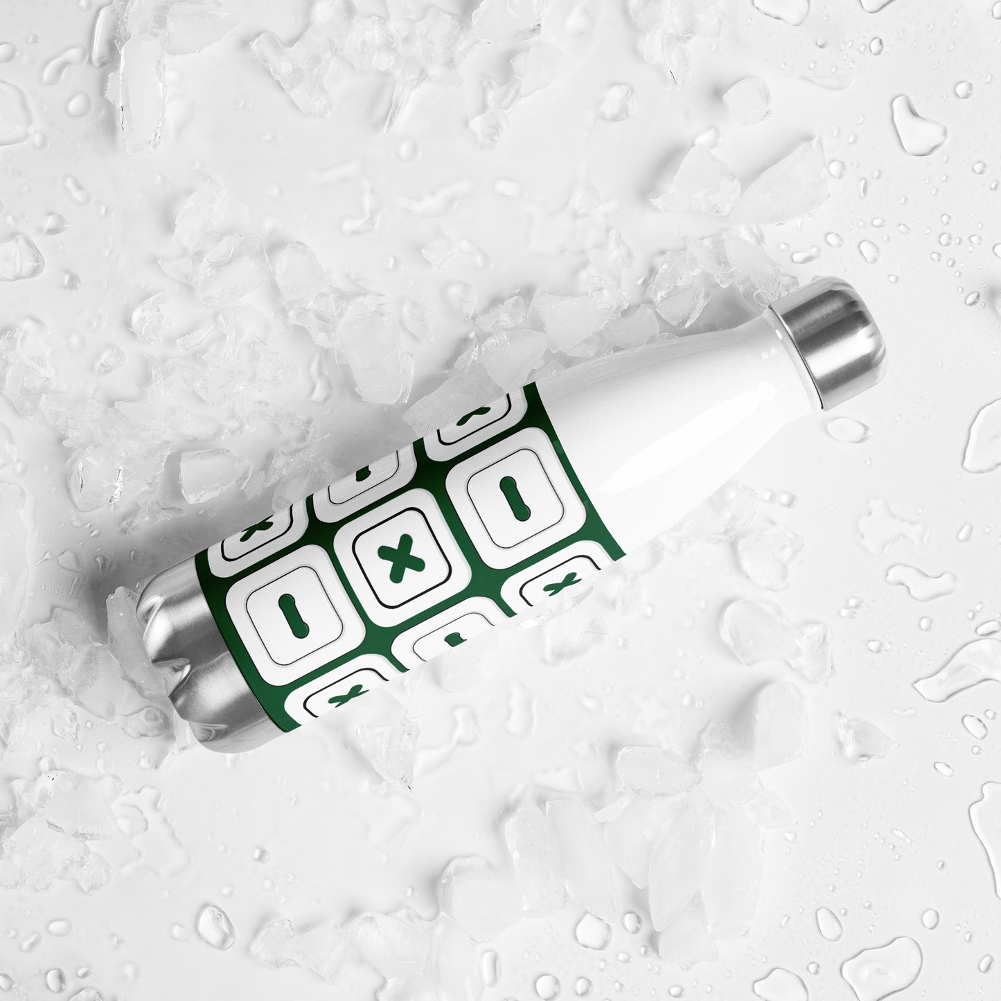 Forest Green Stainless Steel Water Bottle with "Square Buttons" design - the perfect gift for people who love to sew
