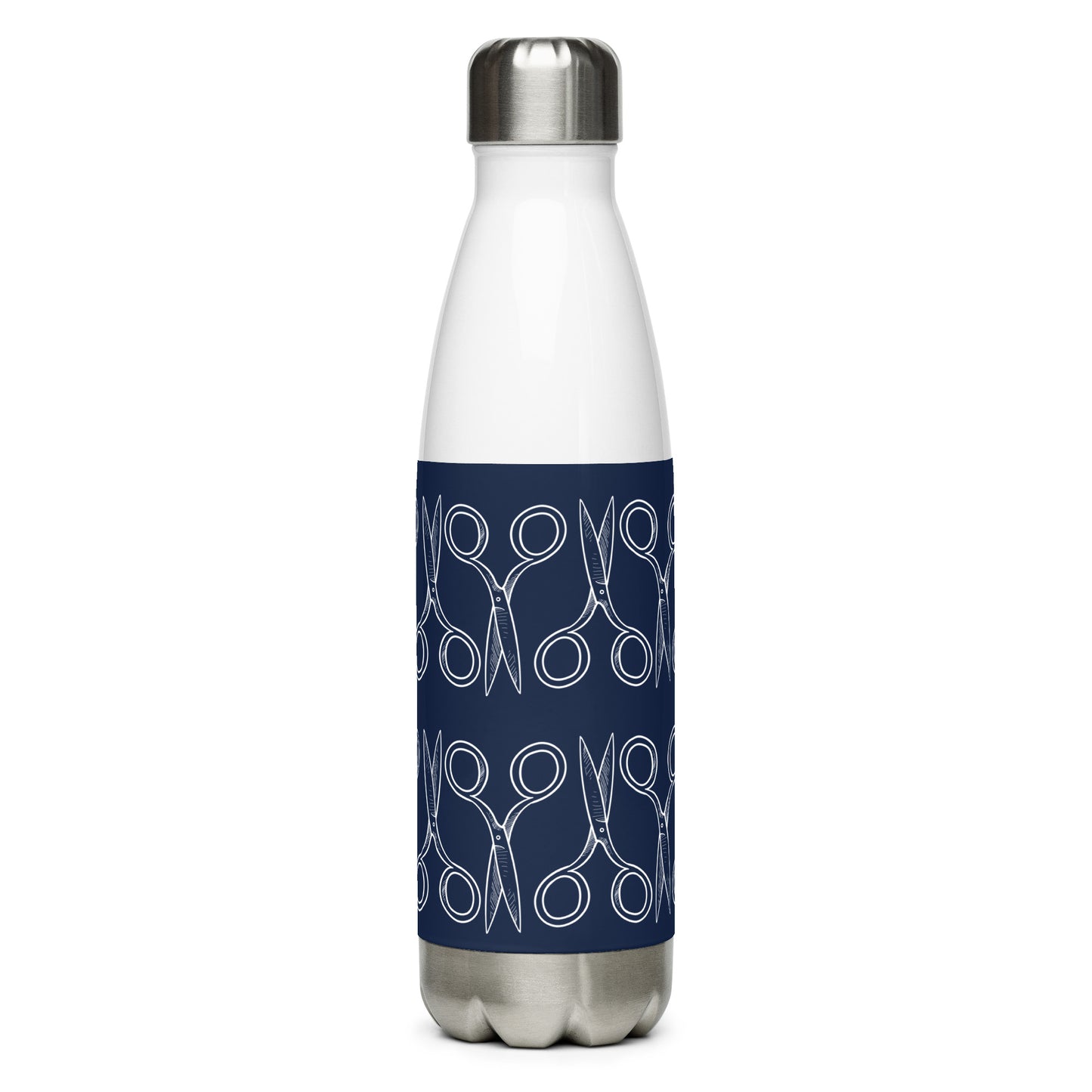 Navy Stainless Steel Water Bottle with "Geometric Scissor" design - the perfect gift for people who love to sew
