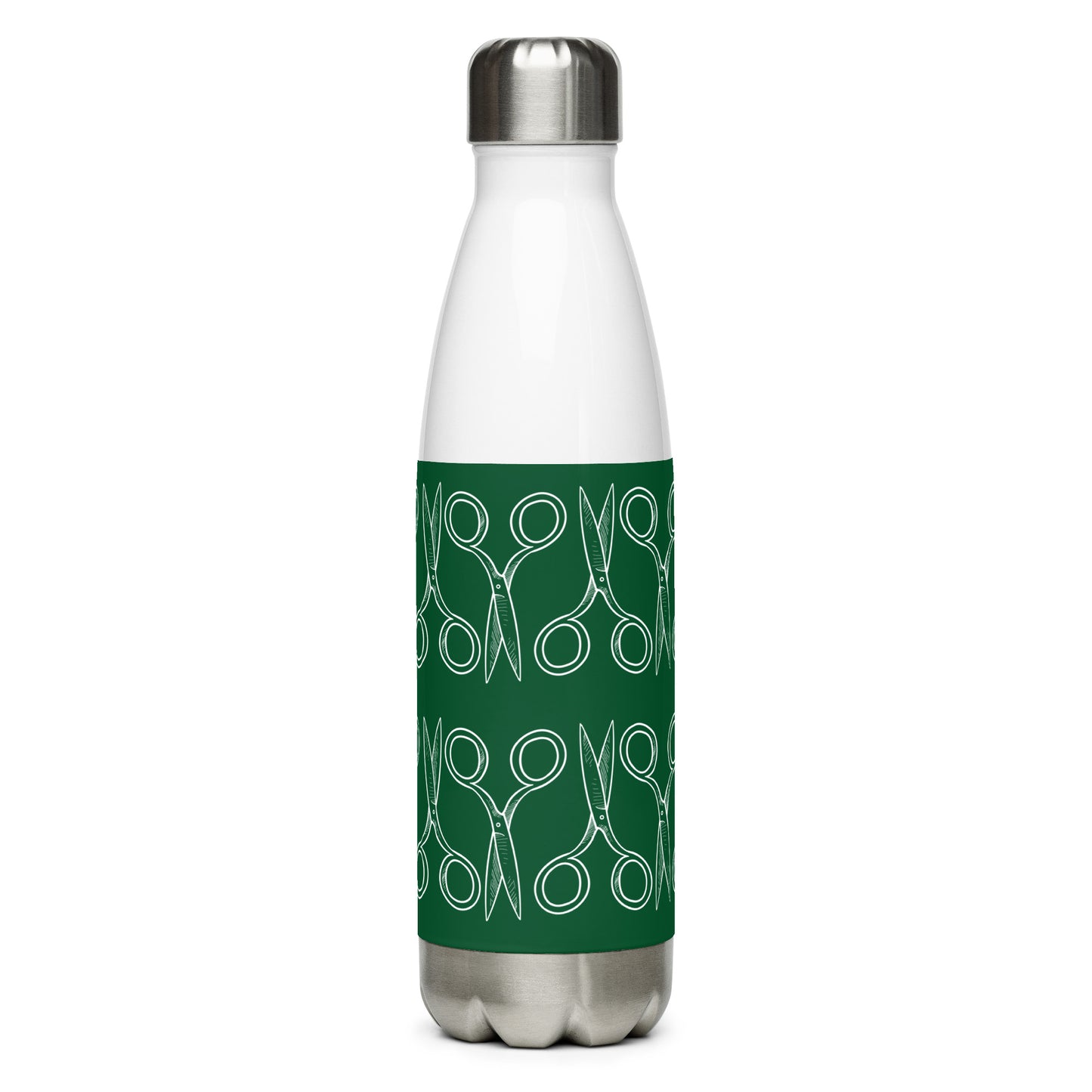 Forest Green Stainless Steel Water Bottle with "Geometric Scissor" design - the perfect gift for people who love to sew