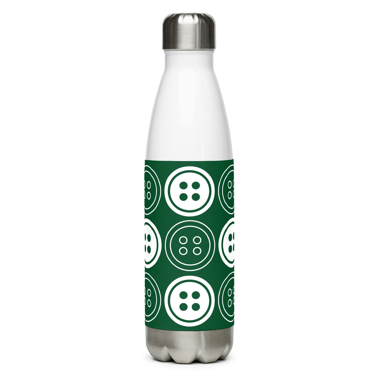Forest Green Stainless Steel Water Bottle with "Bold Buttons" design - the perfect gift for people who love to sew