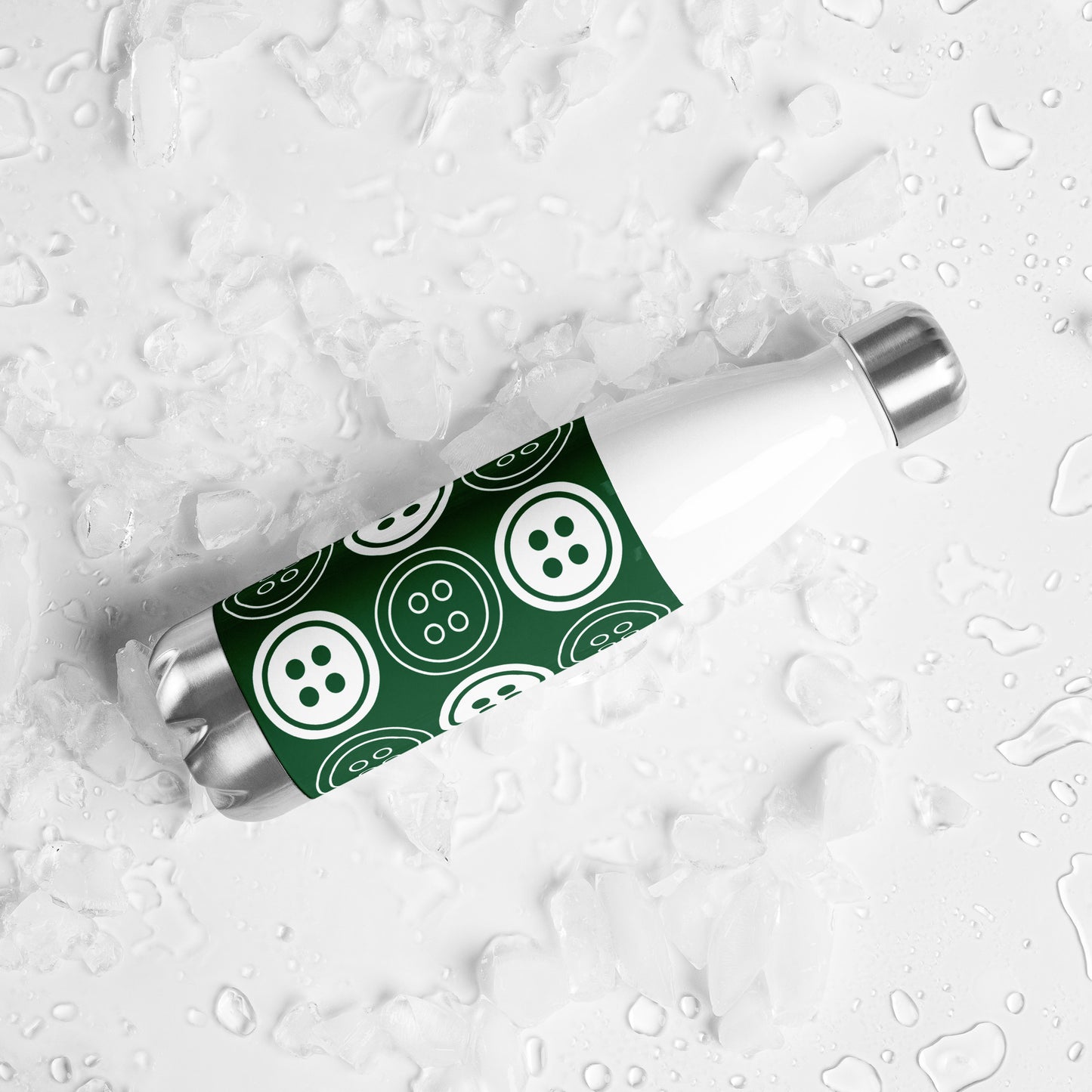 Forest Green Stainless Steel Water Bottle with "Bold Buttons" design - the perfect gift for people who love to sew