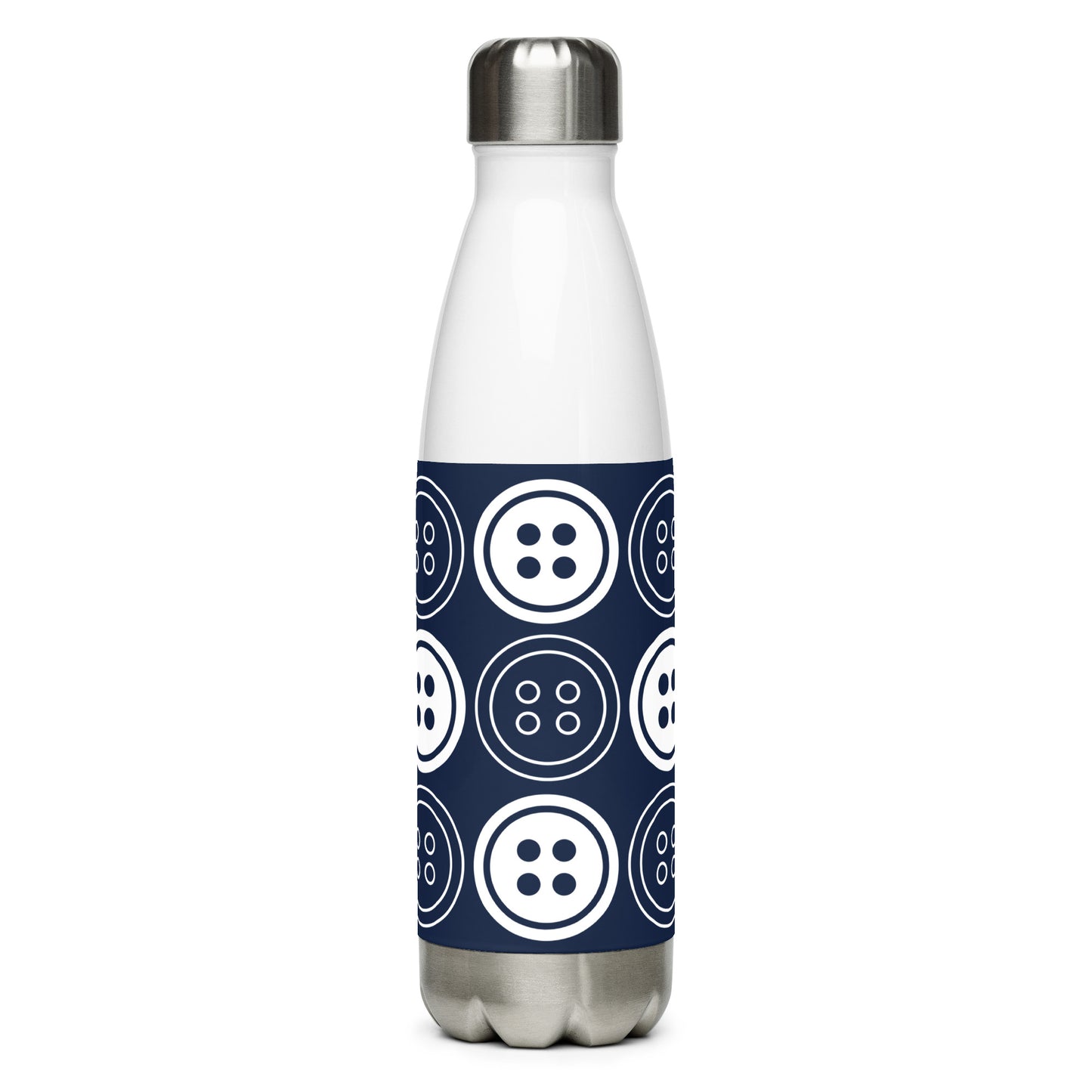 Navy Stainless Steel Water Bottle with "Bold Buttons" design - the perfect gift for people who love to sew