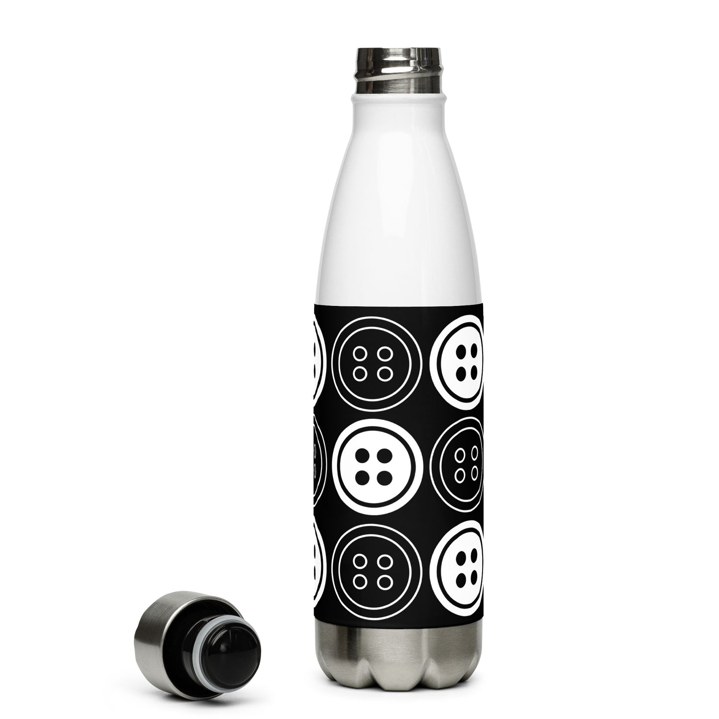 Black Stainless Steel Water Bottle with "Bold Buttons" design - the perfect gift for people who love to sew