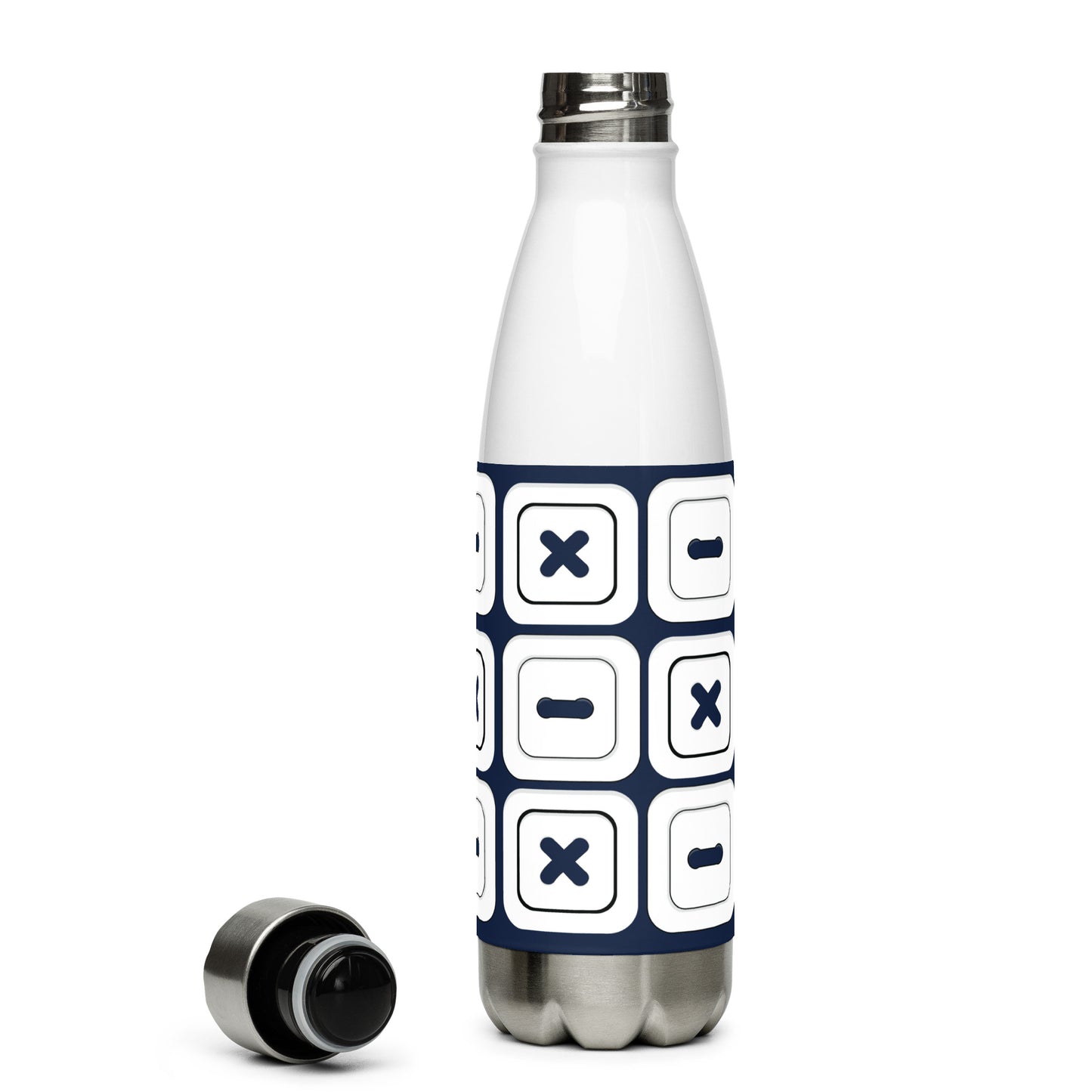 Navy Stainless Steel Water Bottle with "Square Buttons" design - the perfect gift for people who love to sew