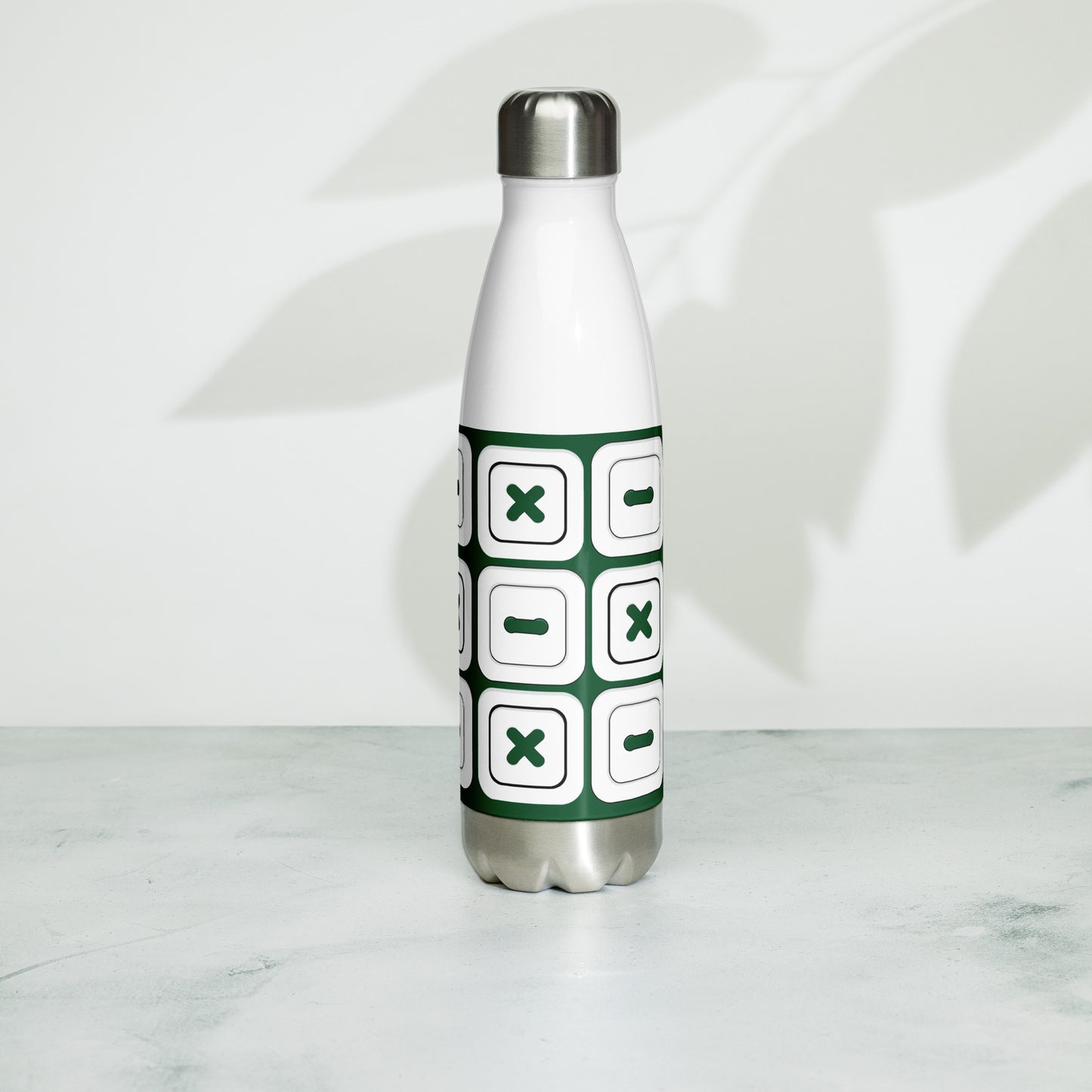 Forest Green Stainless Steel Water Bottle with "Square Buttons" design - the perfect gift for people who love to sew