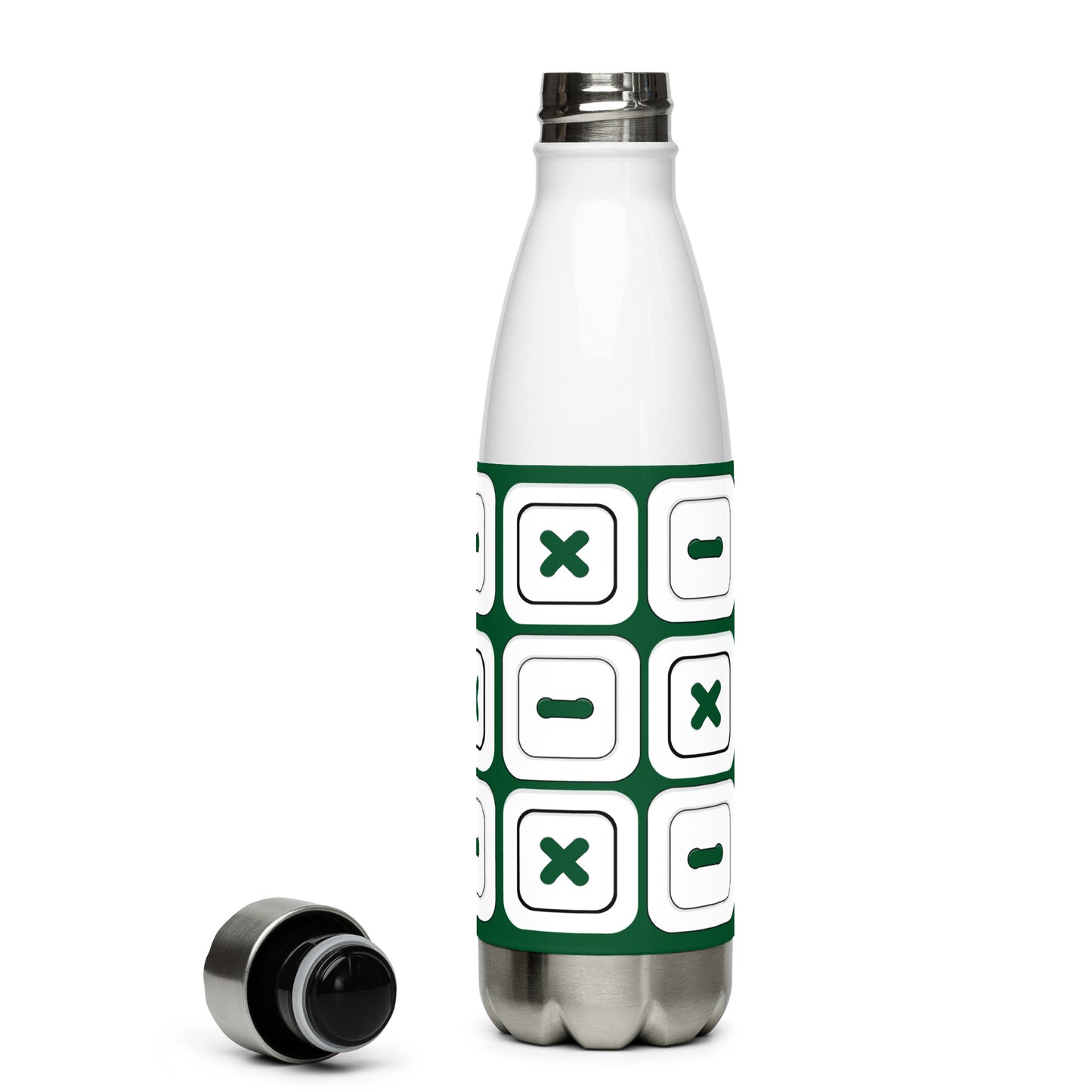 Forest Green Stainless Steel Water Bottle with "Square Buttons" design - the perfect gift for people who love to sew
