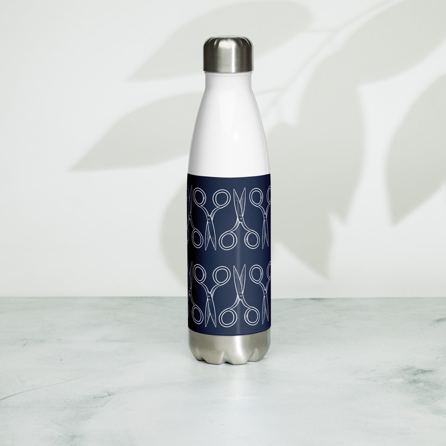 Navy Stainless Steel Water Bottle with "Geometric Scissor" design - the perfect gift for people who love to sew