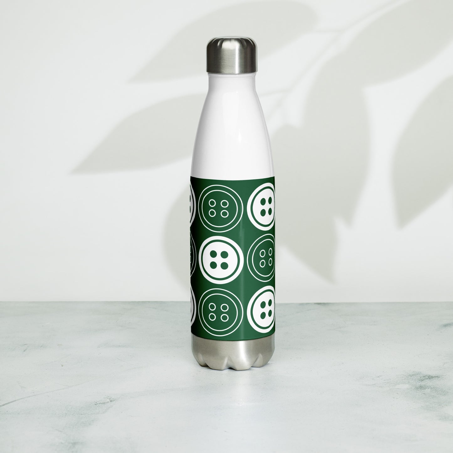 Forest Green Stainless Steel Water Bottle with "Bold Buttons" design - the perfect gift for people who love to sew