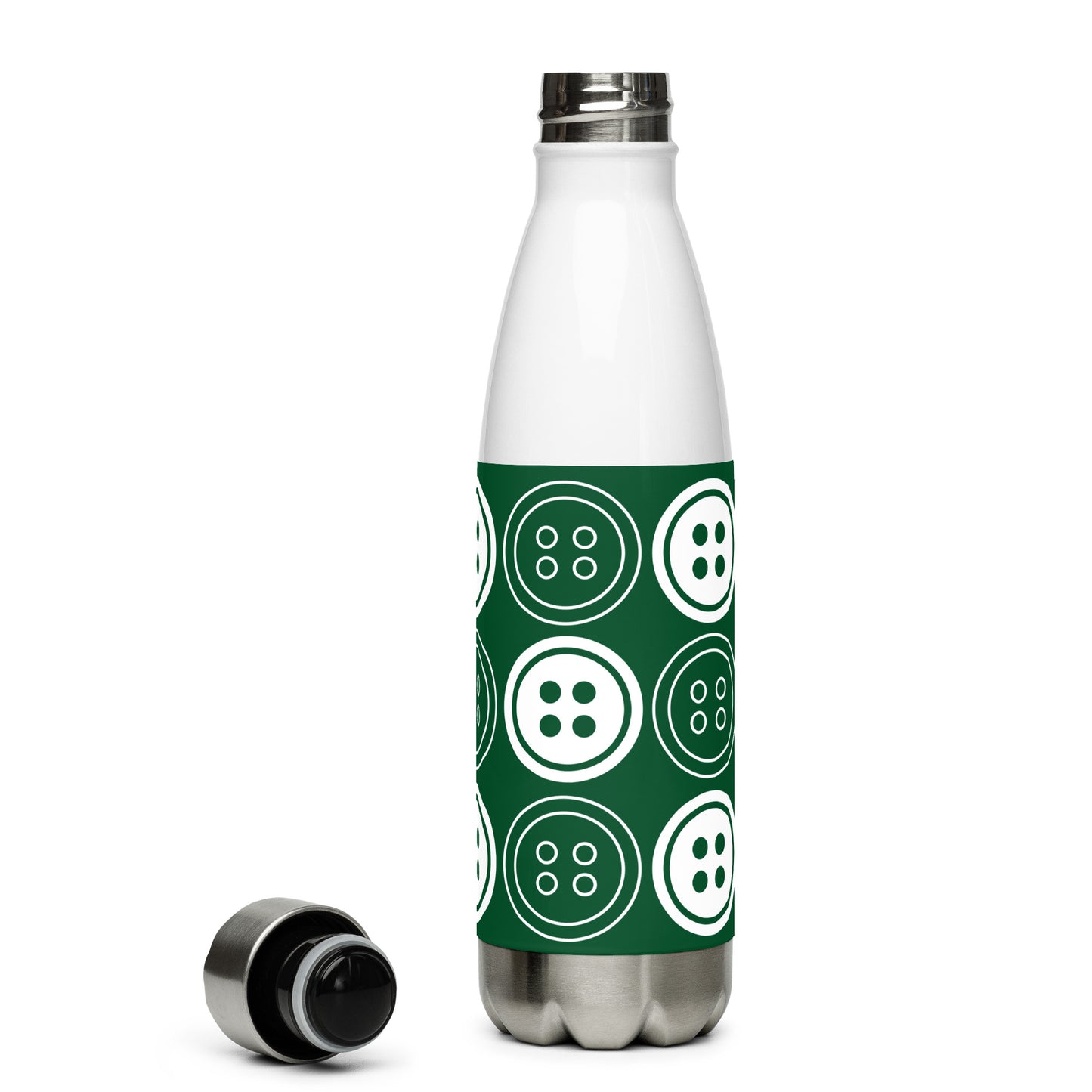 Forest Green Stainless Steel Water Bottle with "Bold Buttons" design - the perfect gift for people who love to sew