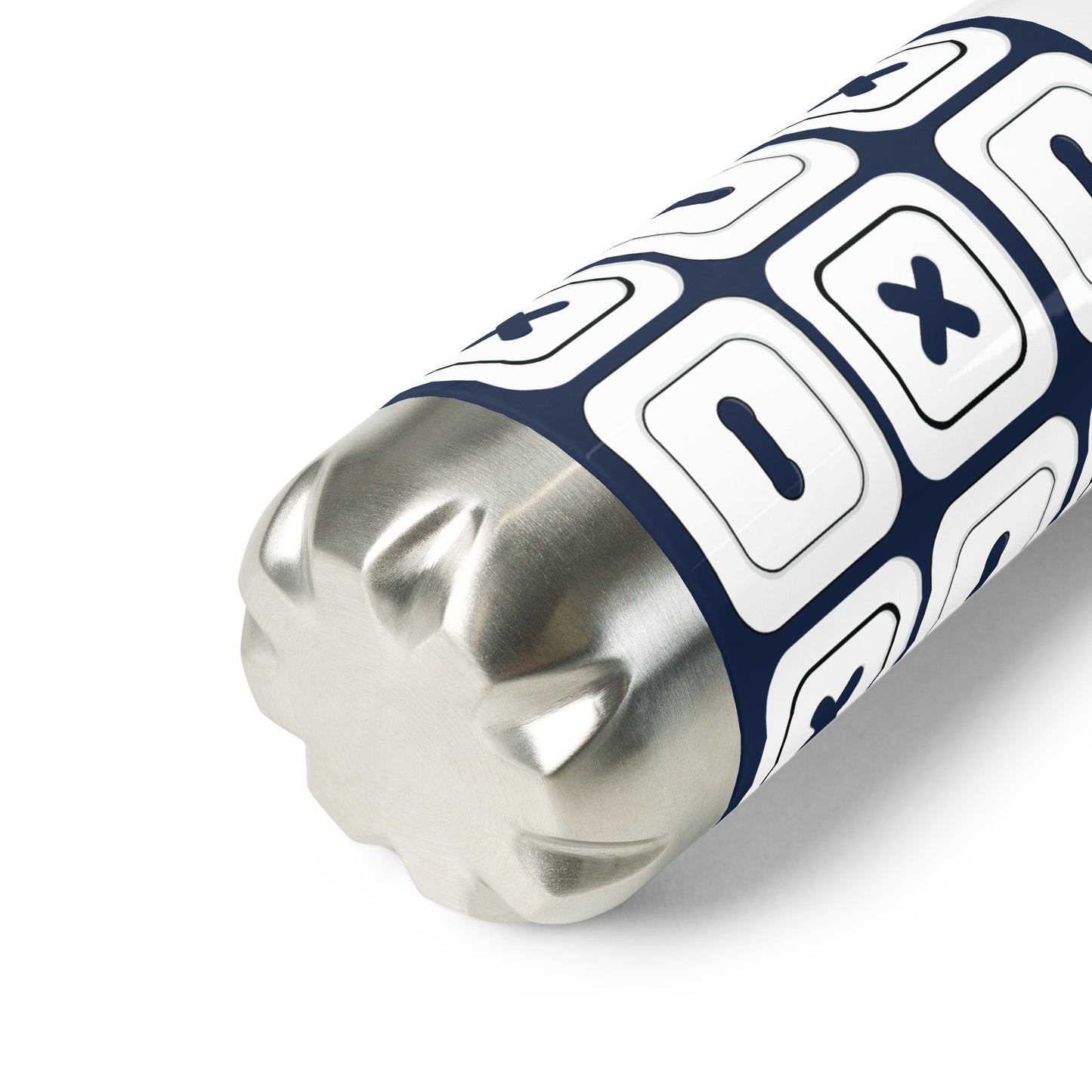 Navy Stainless Steel Water Bottle with "Square Buttons" design - the perfect gift for people who love to sew
