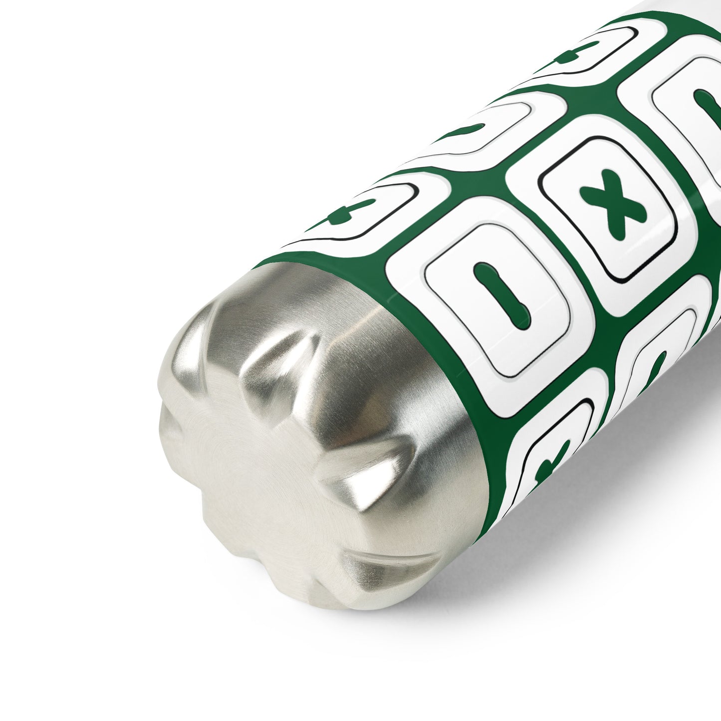 Forest Green Stainless Steel Water Bottle with "Square Buttons" design - the perfect gift for people who love to sew