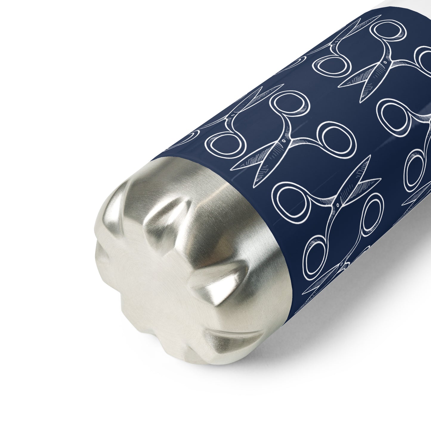Navy Stainless Steel Water Bottle with "Geometric Scissor" design - the perfect gift for people who love to sew