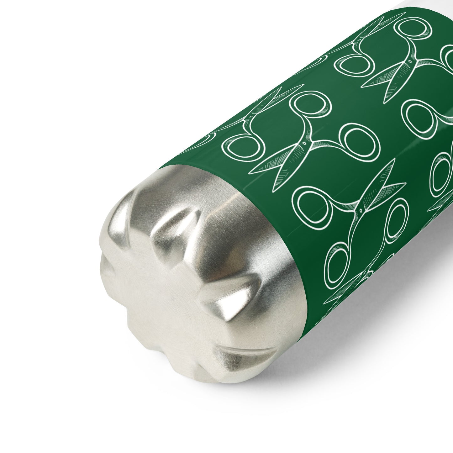 Forest Green Stainless Steel Water Bottle with "Geometric Scissor" design - the perfect gift for people who love to sew