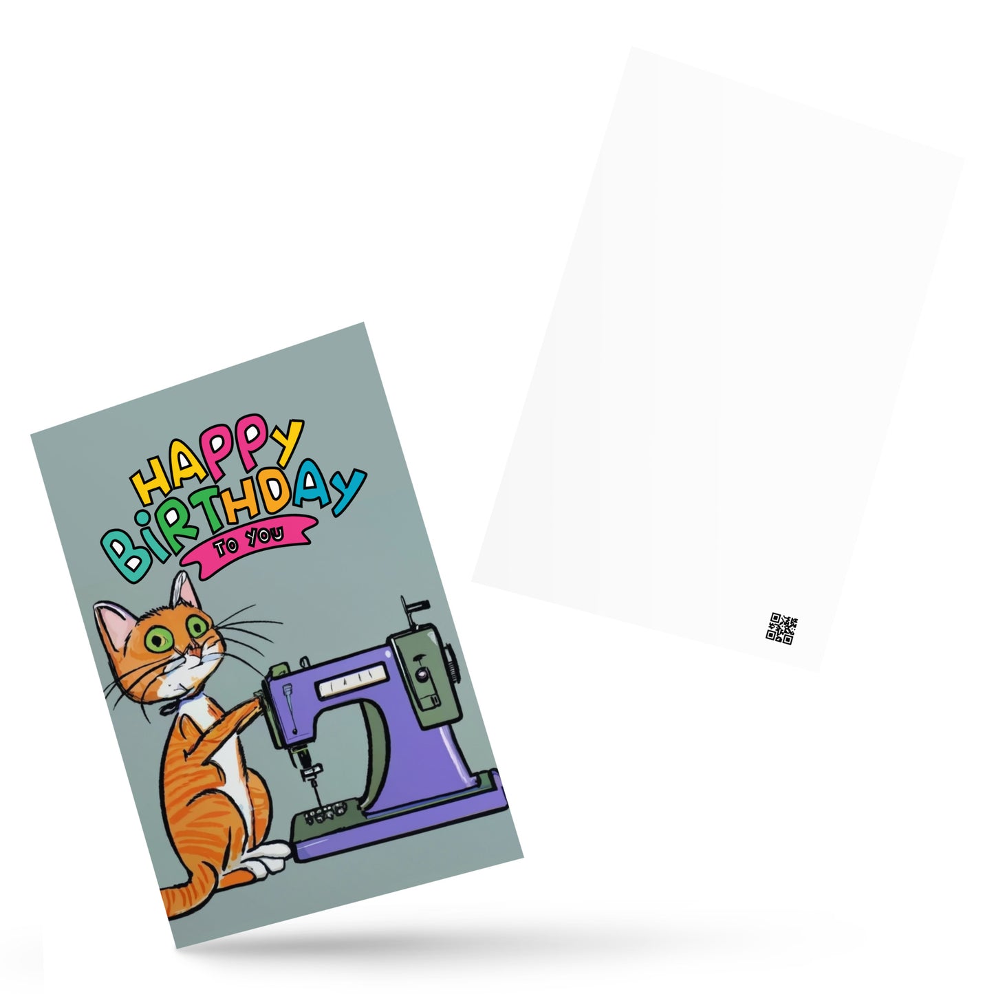 Happy Birthday Orange Sewing Cat Note Card