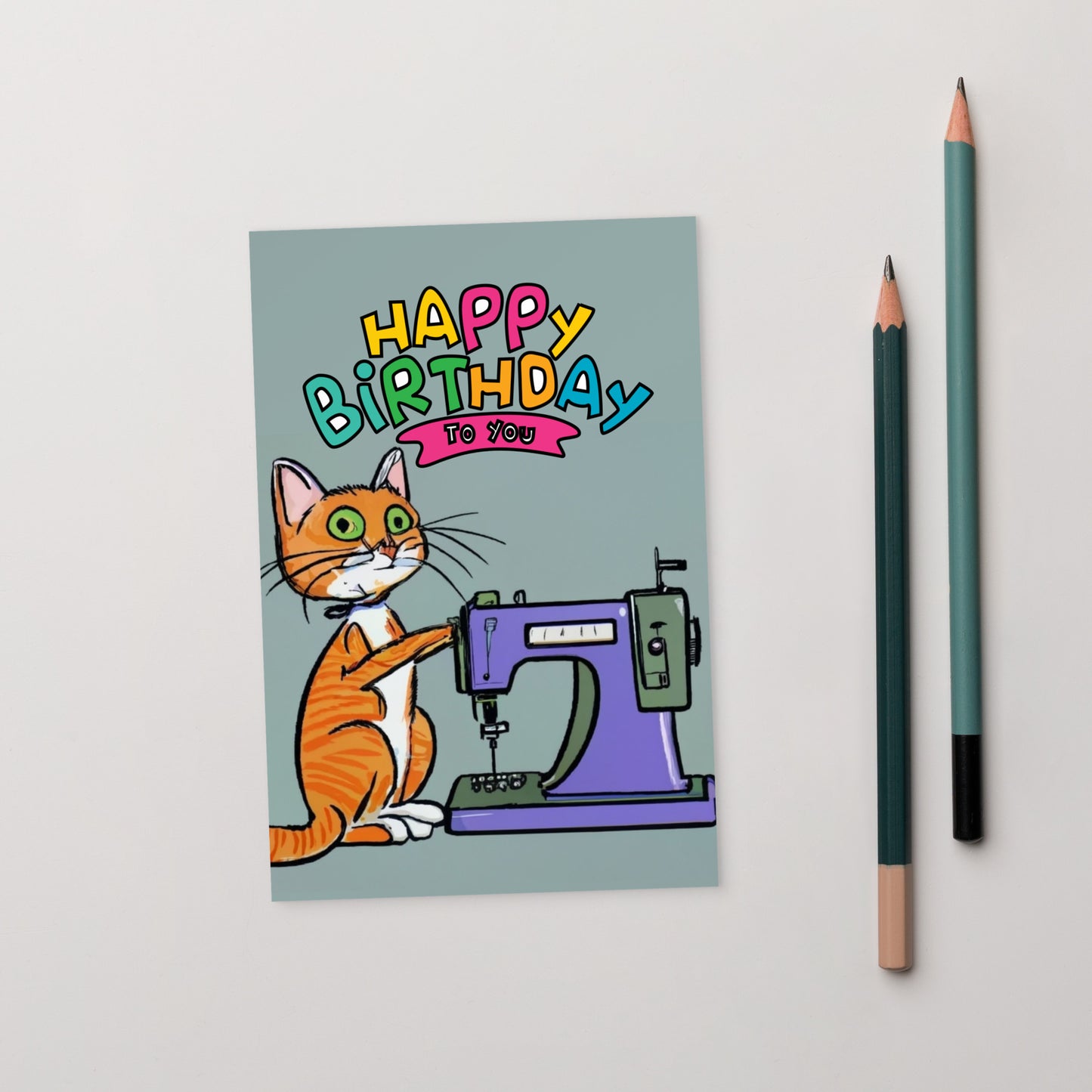 Happy Birthday Orange Sewing Cat Note Card