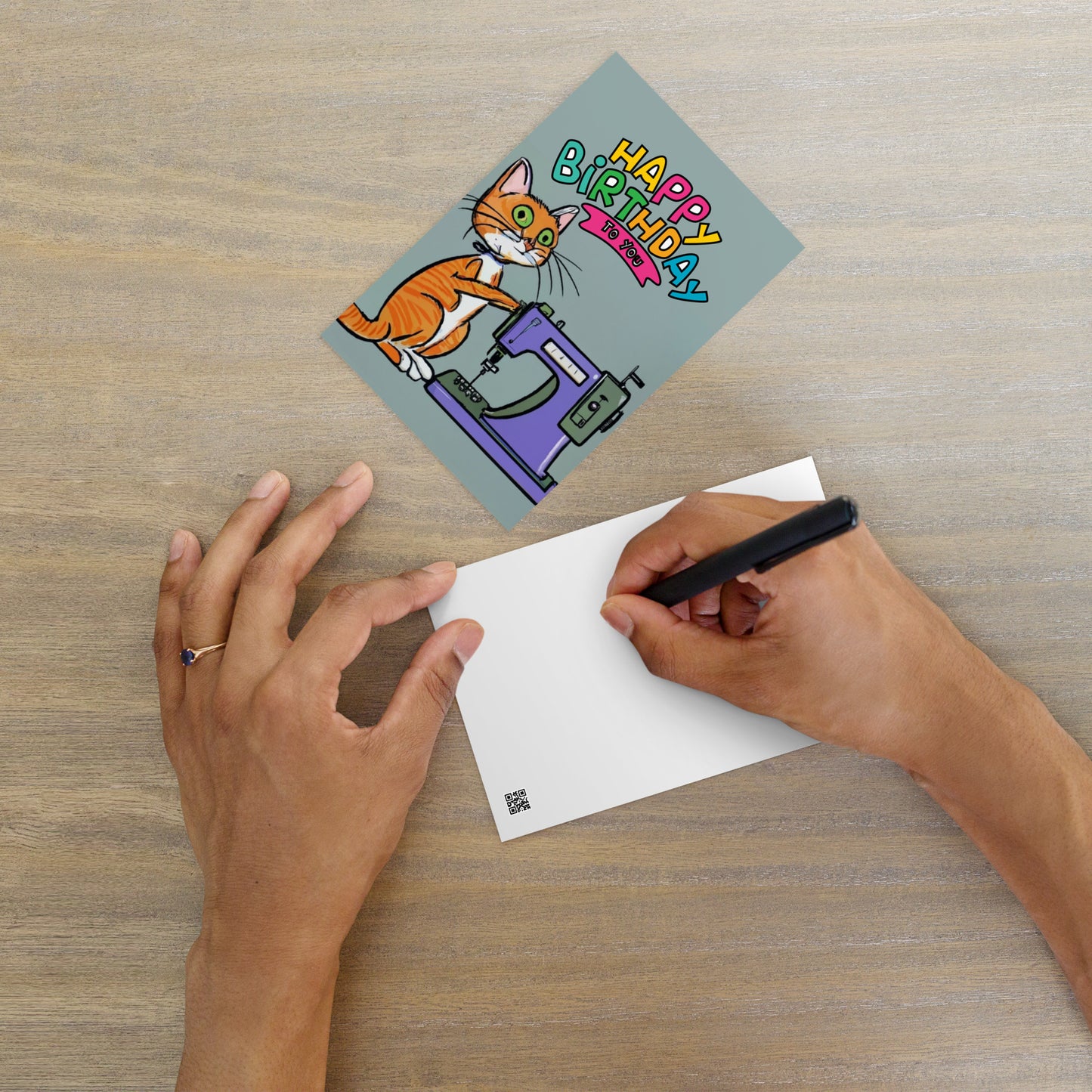 Happy Birthday Orange Sewing Cat Note Card