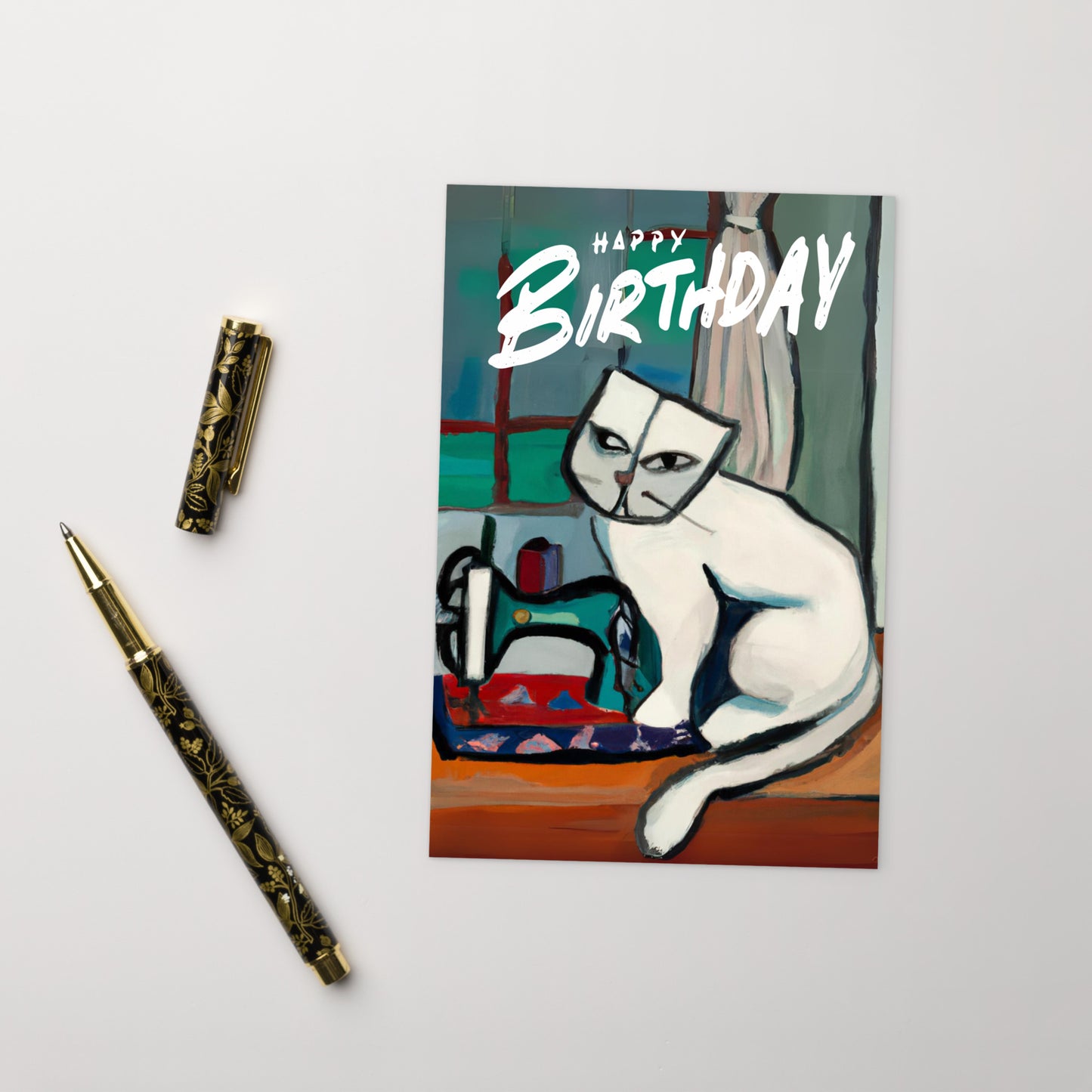 Happy Birthday White Sewing Cat Note Card