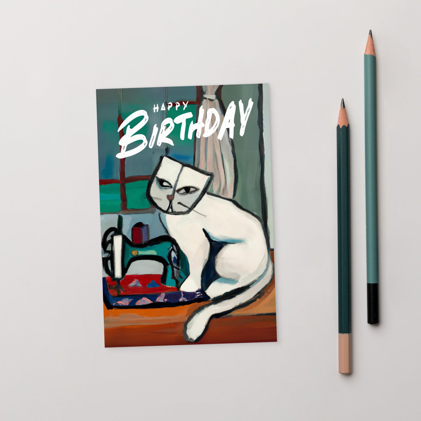 Happy Birthday White Sewing Cat Note Card