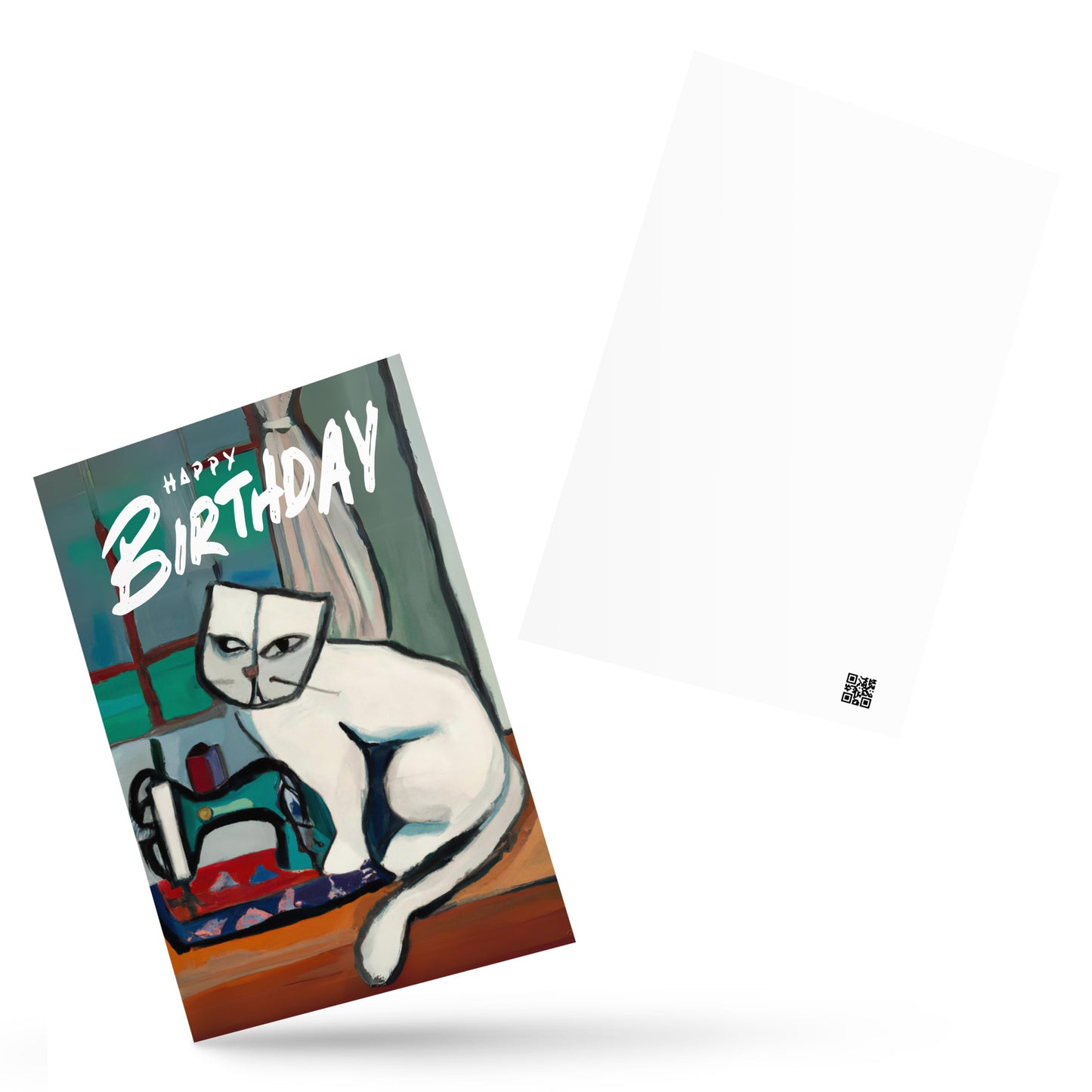 Happy Birthday White Sewing Cat Note Card