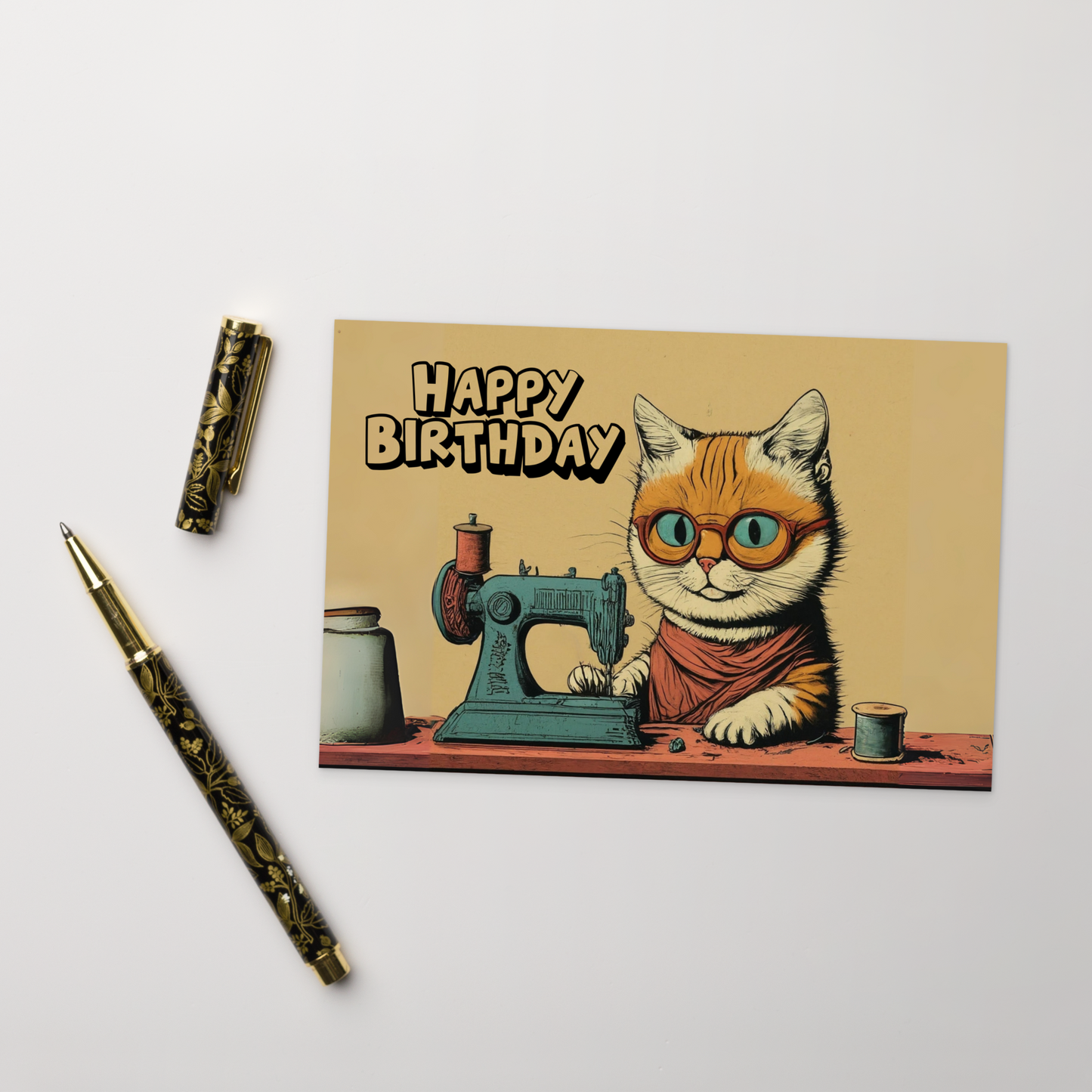 Happy Birthday Sewing Cat Note Card