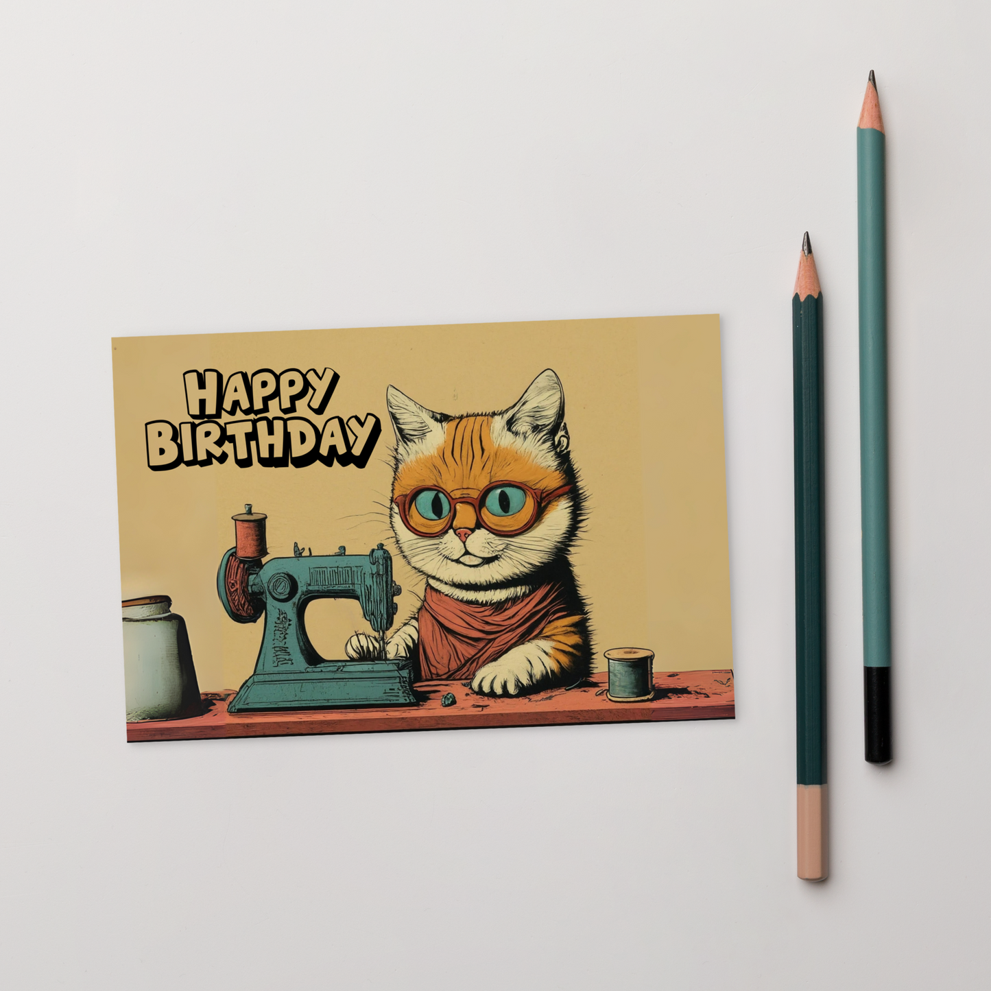 Happy Birthday Sewing Cat Note Card