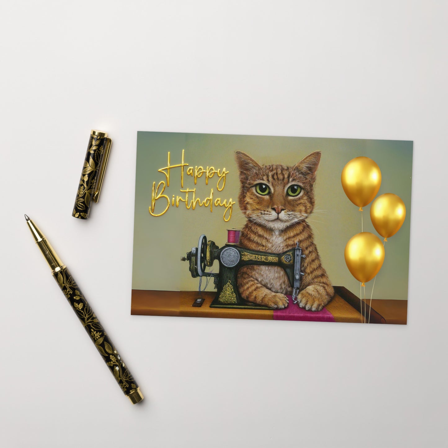 Happy Birthday Ginger Sewing Cat Note Card