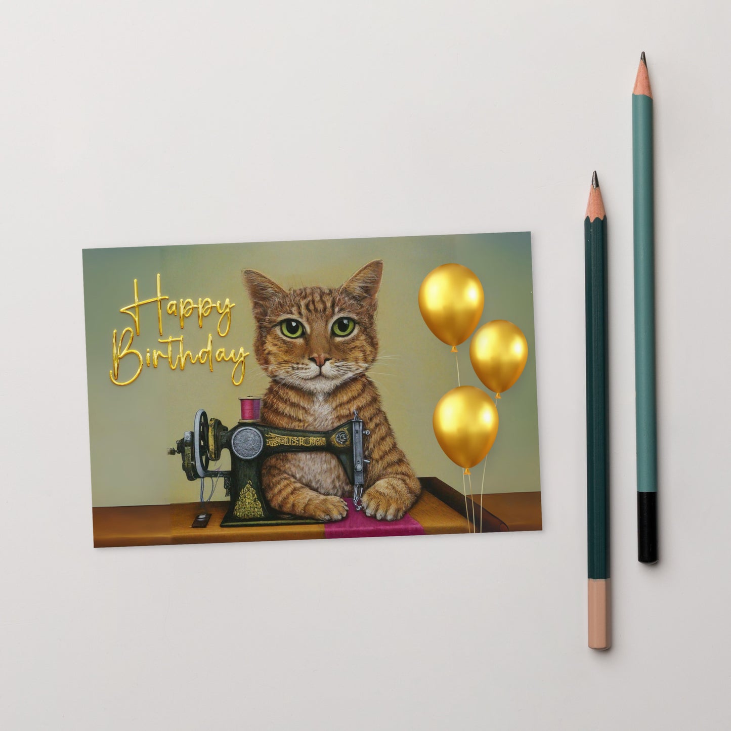 Happy Birthday Ginger Sewing Cat Note Card