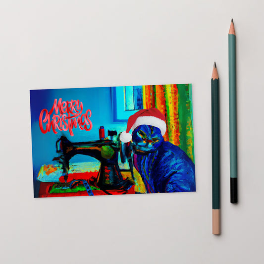 Merry Christmas Note Card Blue Sewing cat