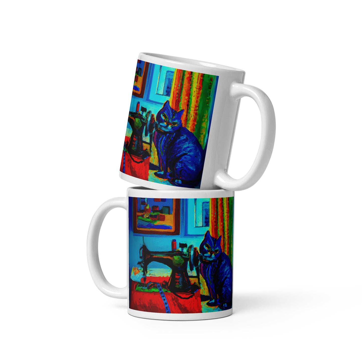 Glossy Mug with "Sewing Cat" design - The Perfect Gift for People who Love to Sew