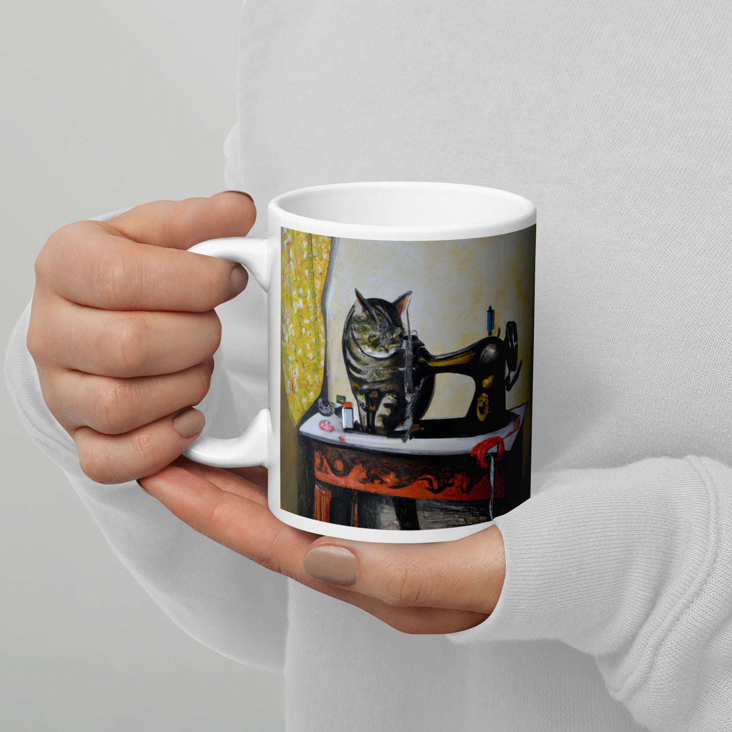 Glossy Mug with "Sewing Cat" design - The Perfect Gift for People who Love to Sew