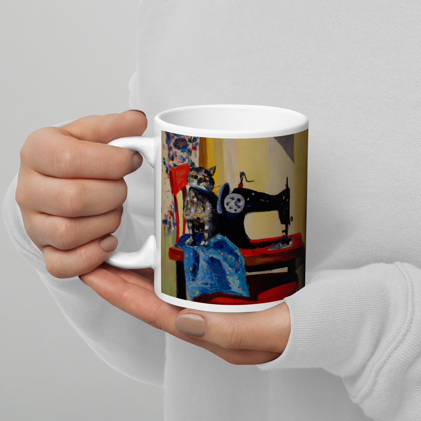 Glossy Mug with "Sewing Cat" design - The Perfect Gift for People who Love to Sew