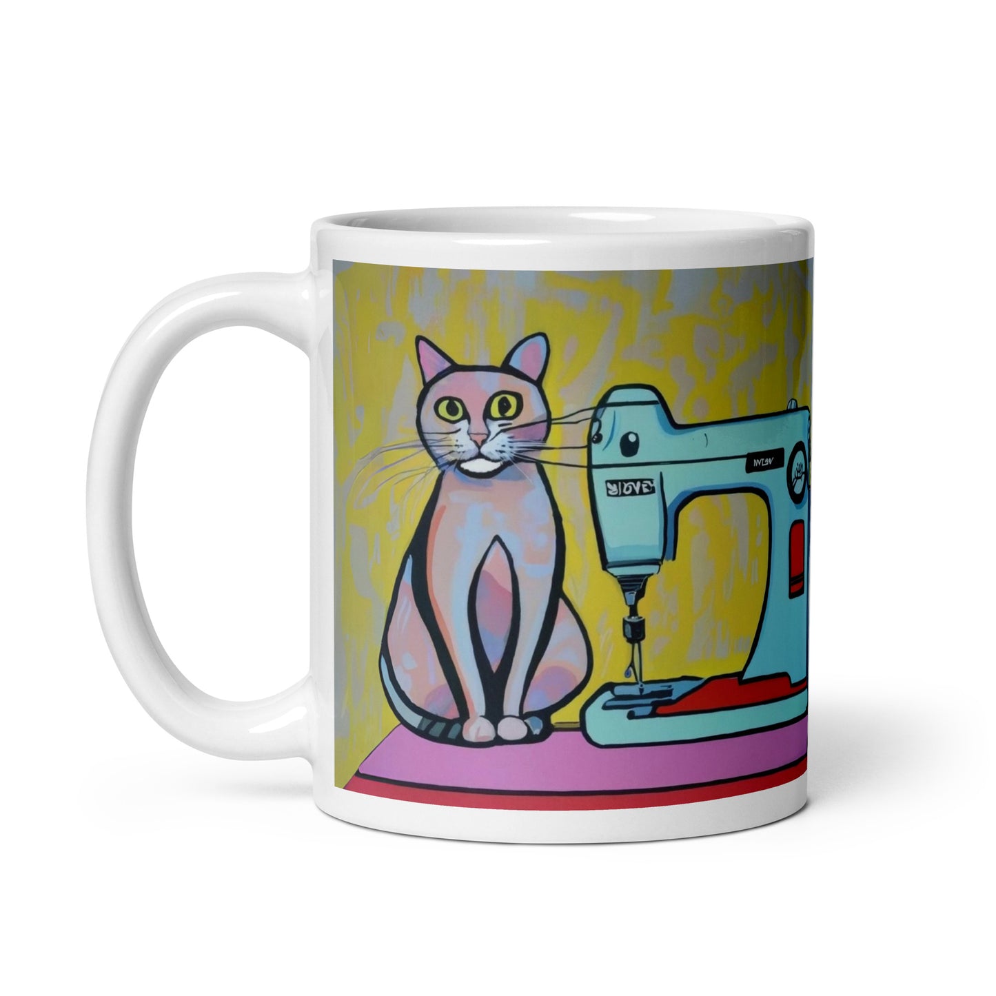 Glossy Mug with "Sewing Cat" design - The Perfect Gift for People who Love to Sew