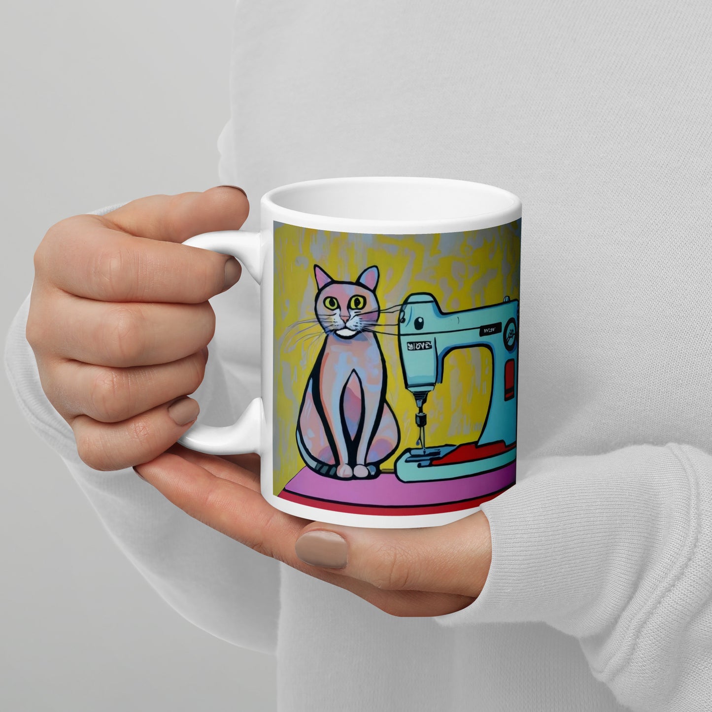 Glossy Mug with "Sewing Cat" design - The Perfect Gift for People who Love to Sew